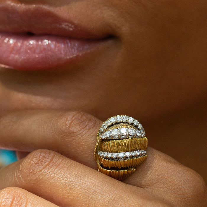 Diamond and Textured 18k Gold Bombe Ring