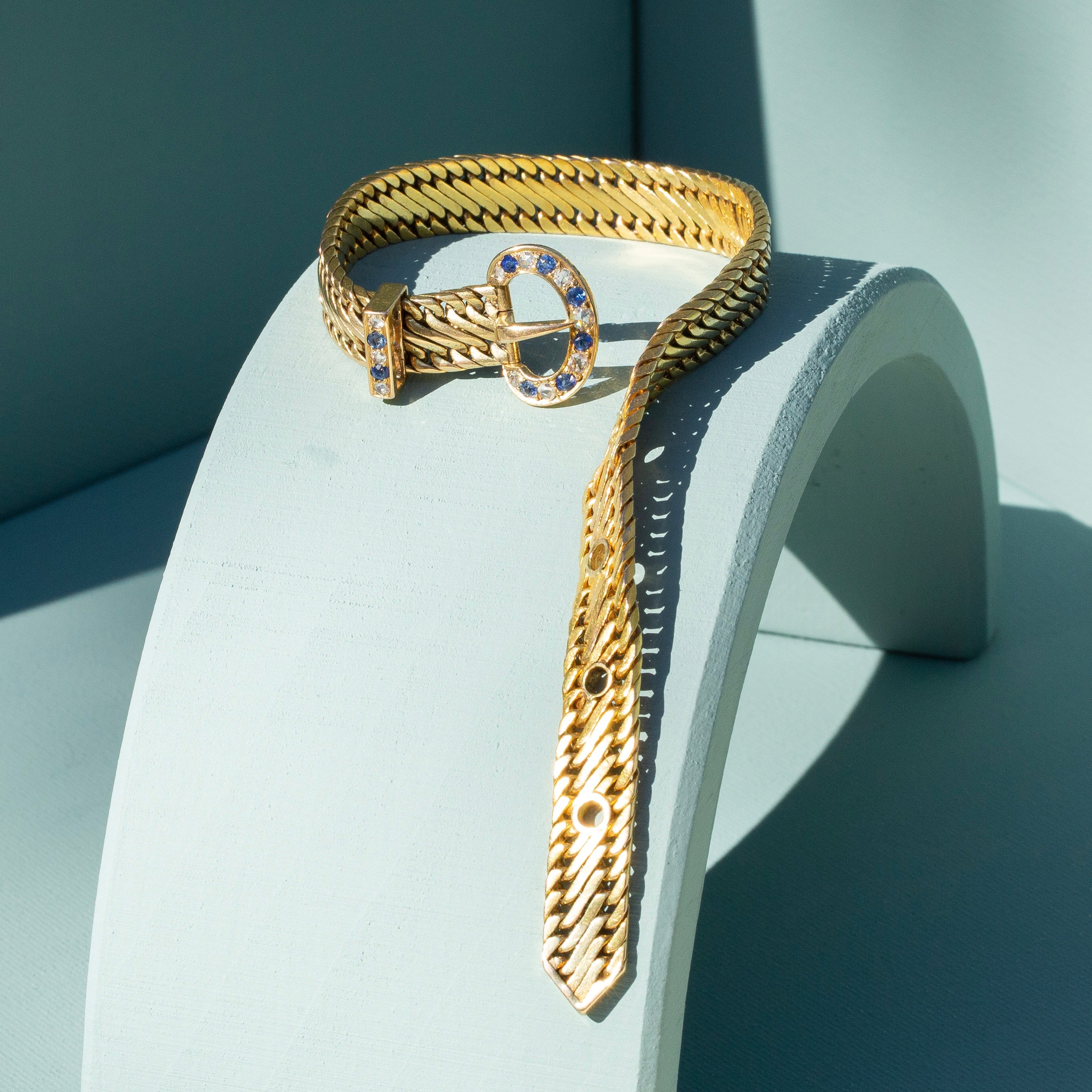 Victorian Sapphire, Diamond, 14k Gold Mesh Buckle Bracelet