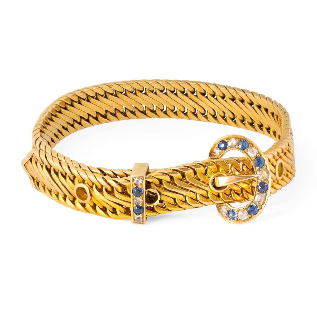 Victorian Sapphire, Diamond, 14k Gold Mesh Buckle Bracelet