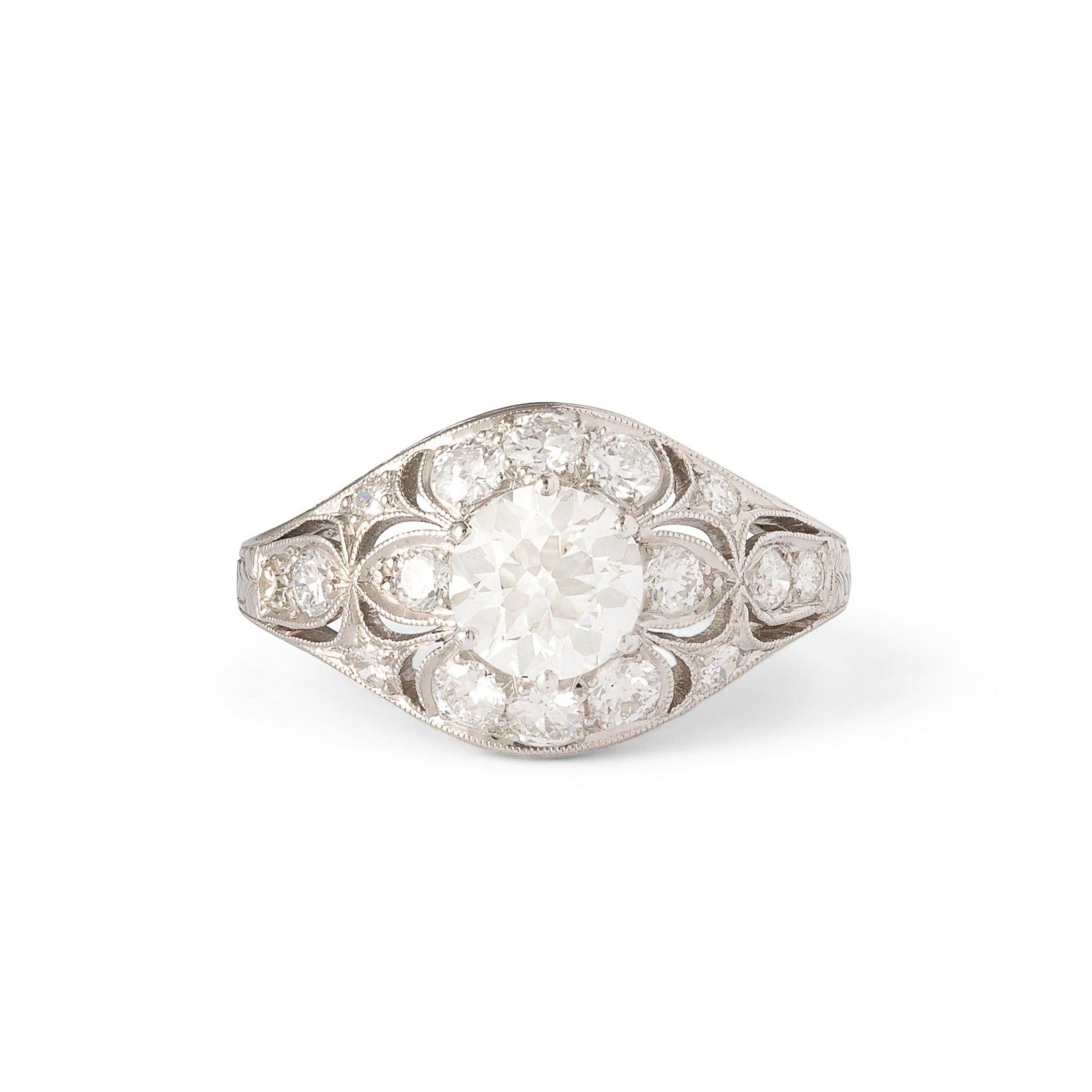 Mid-Century Diamond and Platinum Floral Domed Ring