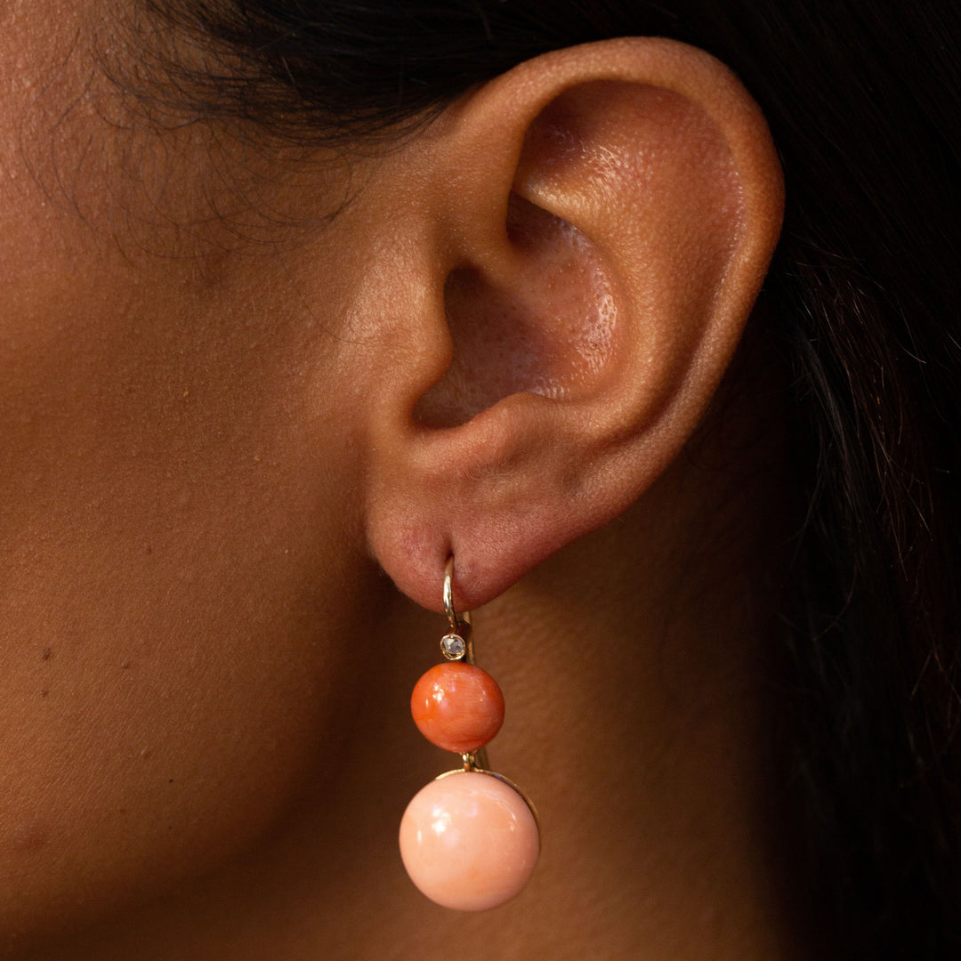 Double Coral Cabochon, Diamond, and 14k Gold Dangle Earrings