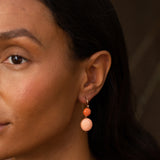Double Coral Cabochon, Diamond, and 14k Gold Dangle Earrings