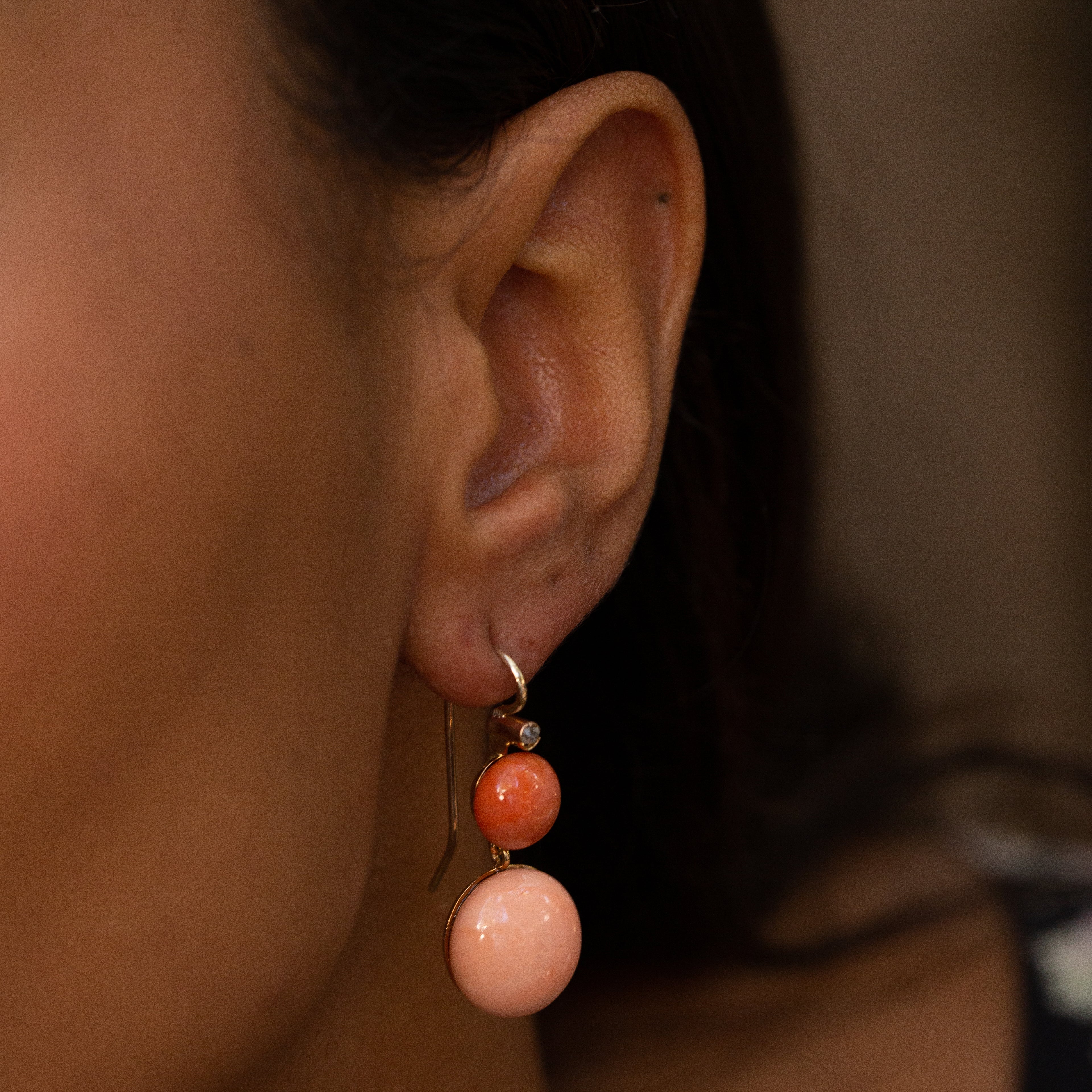 Double Coral Cabochon, Diamond, and 14k Gold Dangle Earrings