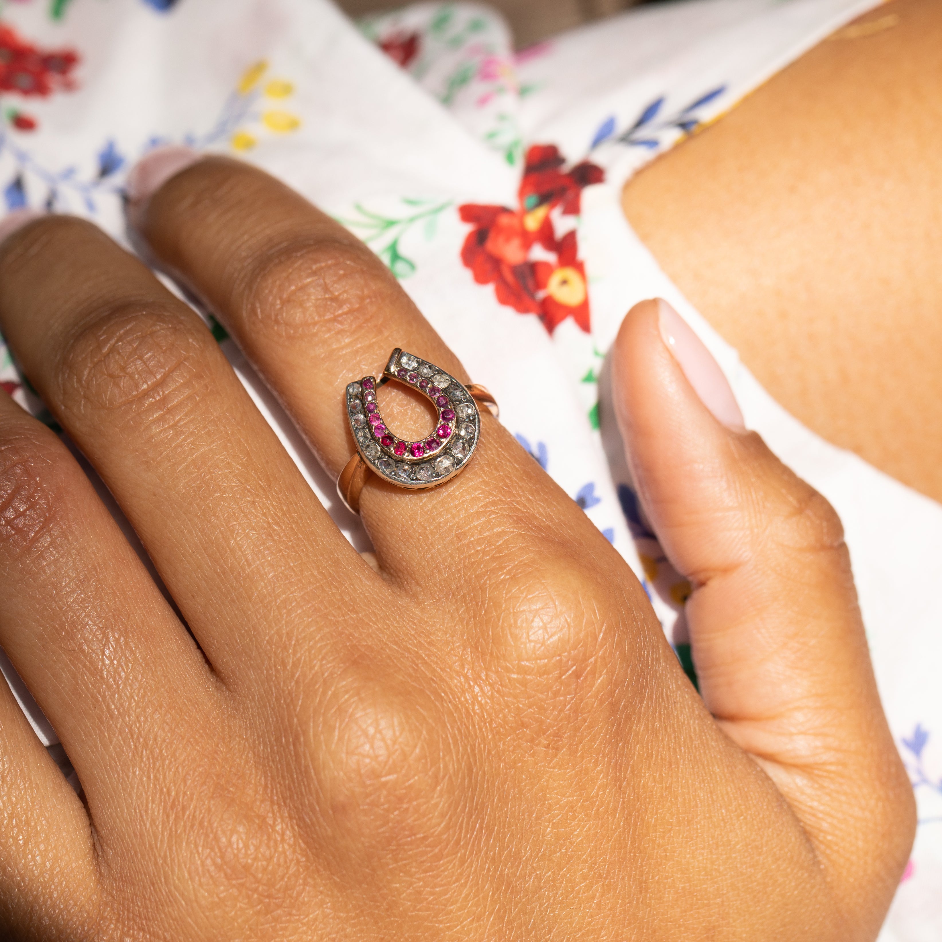 Victorian Silver-topped 14k Gold, Diamond, and Ruby Horseshoe Ring