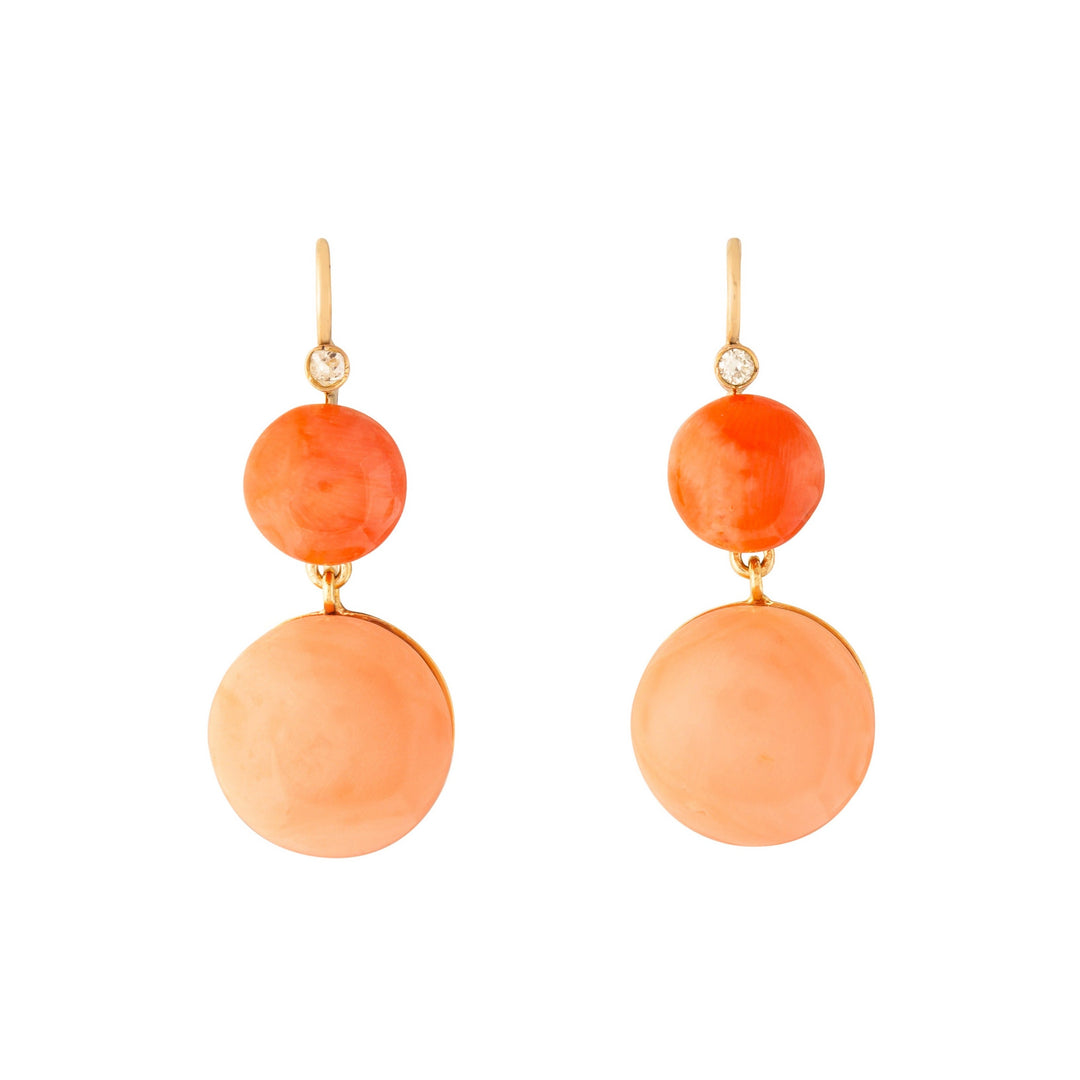 Double Coral Cabochon, Diamond, and 14k Gold Dangle Earrings