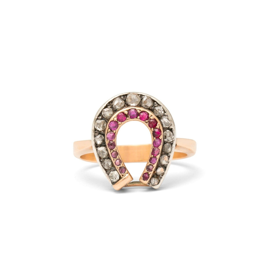 Victorian Silver-topped 14k Gold, Diamond, and Ruby Horseshoe Ring