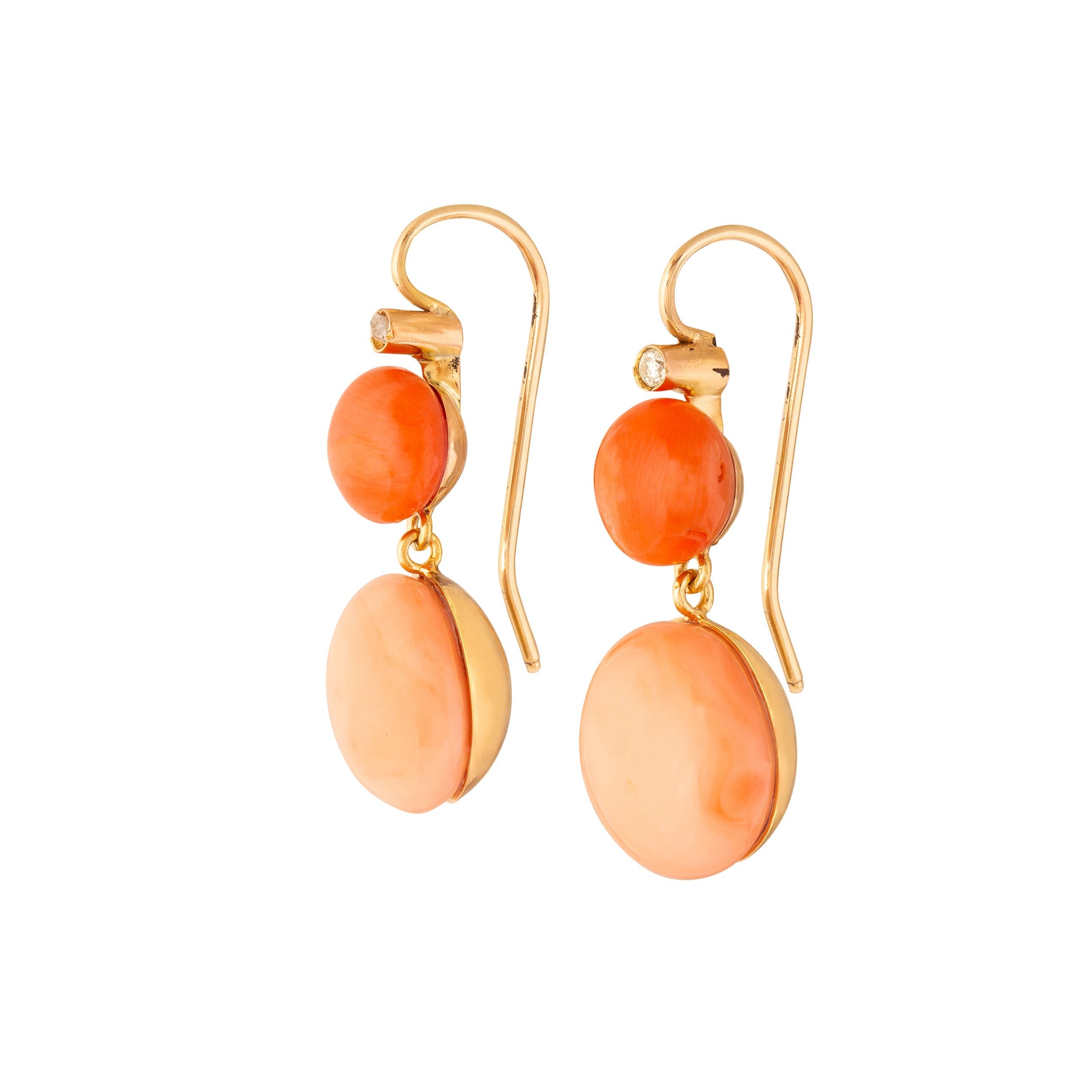 Double Coral Cabochon, Diamond, and 14k Gold Dangle Earrings
