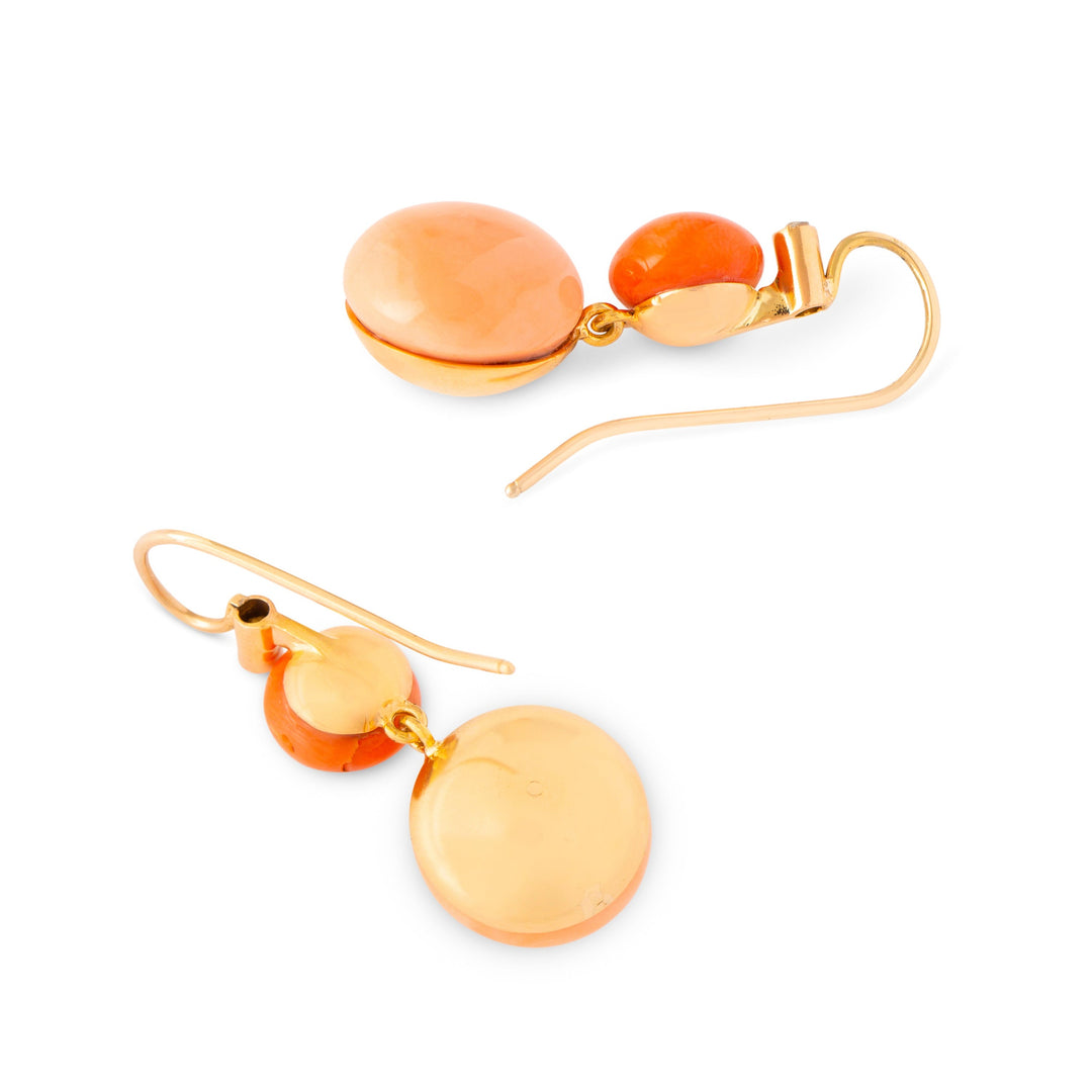 Double Coral Cabochon, Diamond, and 14k Gold Dangle Earrings