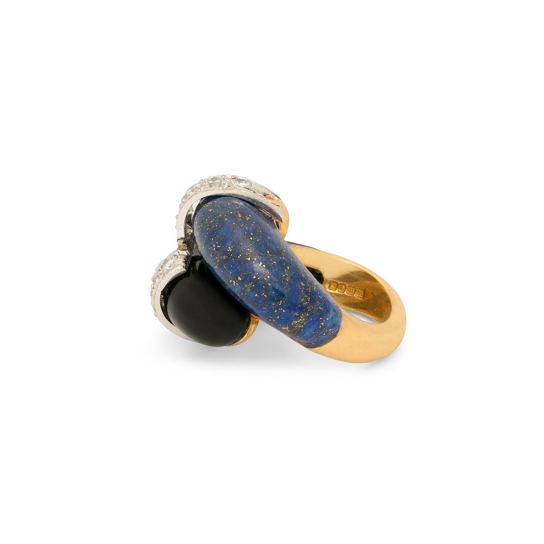 1970s Lapis Lazuli, Onyx, Diamond, and 18k Gold Ring