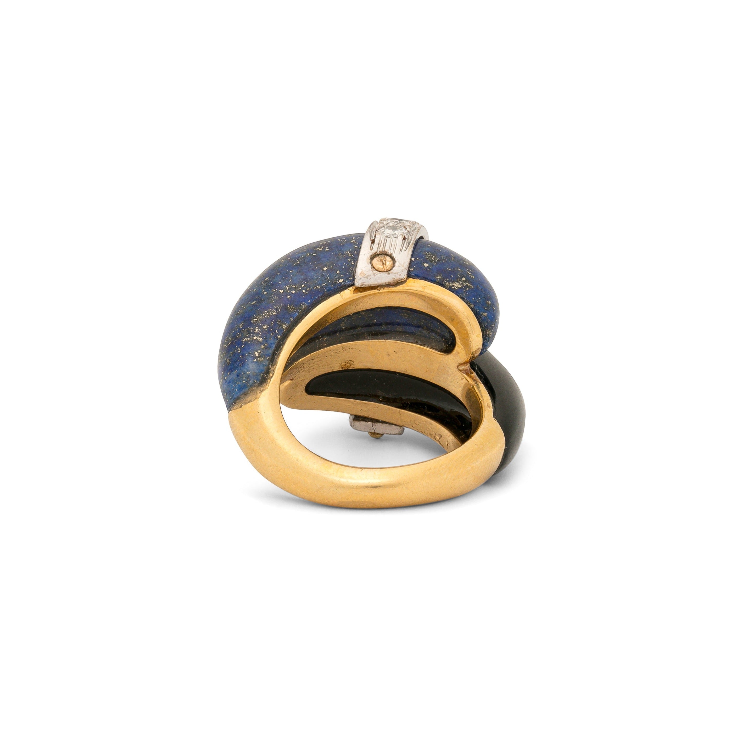 1970s Lapis Lazuli, Onyx, Diamond, and 18k Gold Ring