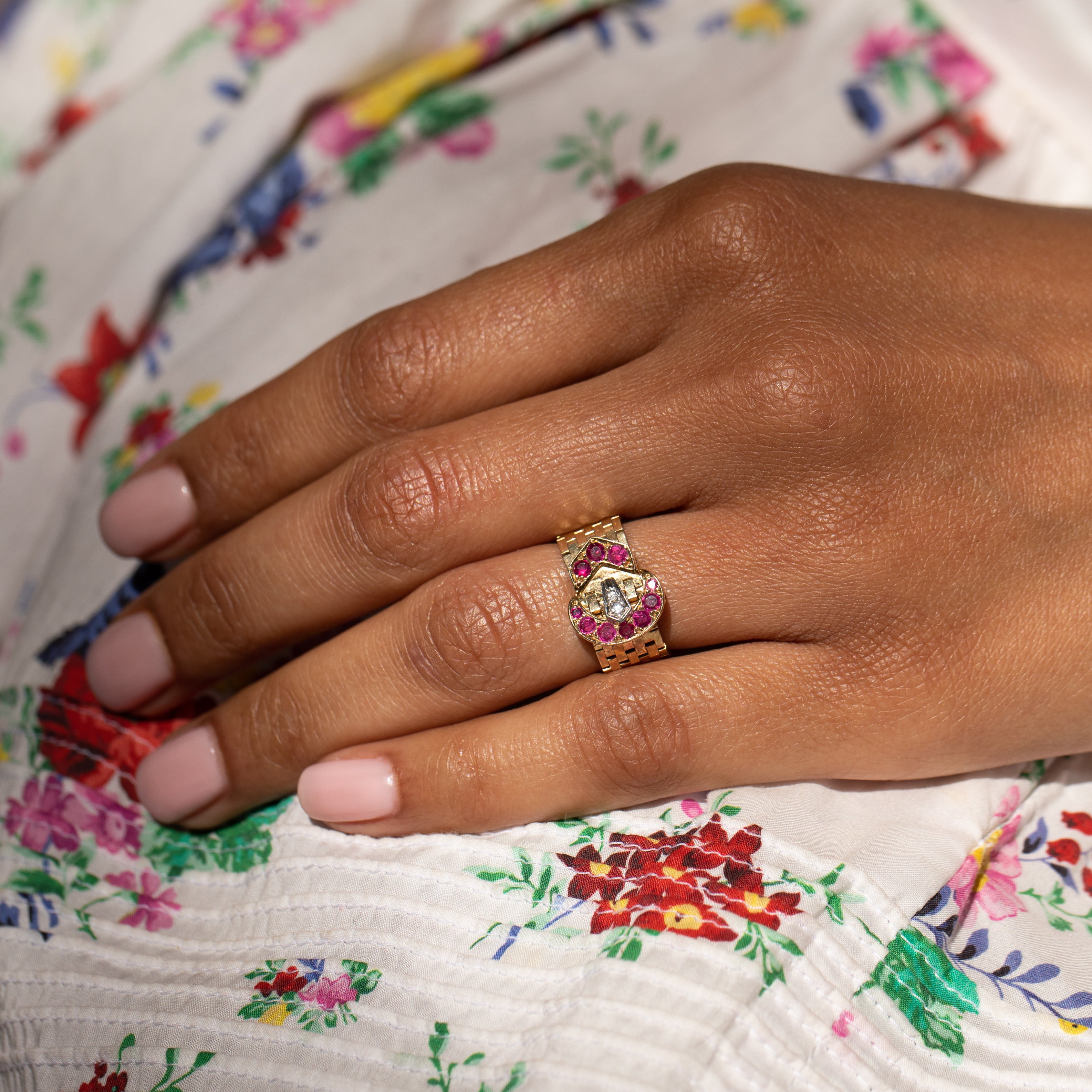 Retro Ruby, Diamond, and 14k Gold Buckle Ring