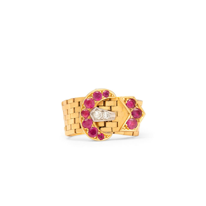 Retro Ruby, Diamond, and 14k Gold Buckle Ring