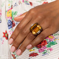 Retro Large Citrine, Diamond, and 14k Gold Cocktail Ring