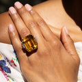 Retro Large Citrine, Diamond, and 14k Gold Cocktail Ring