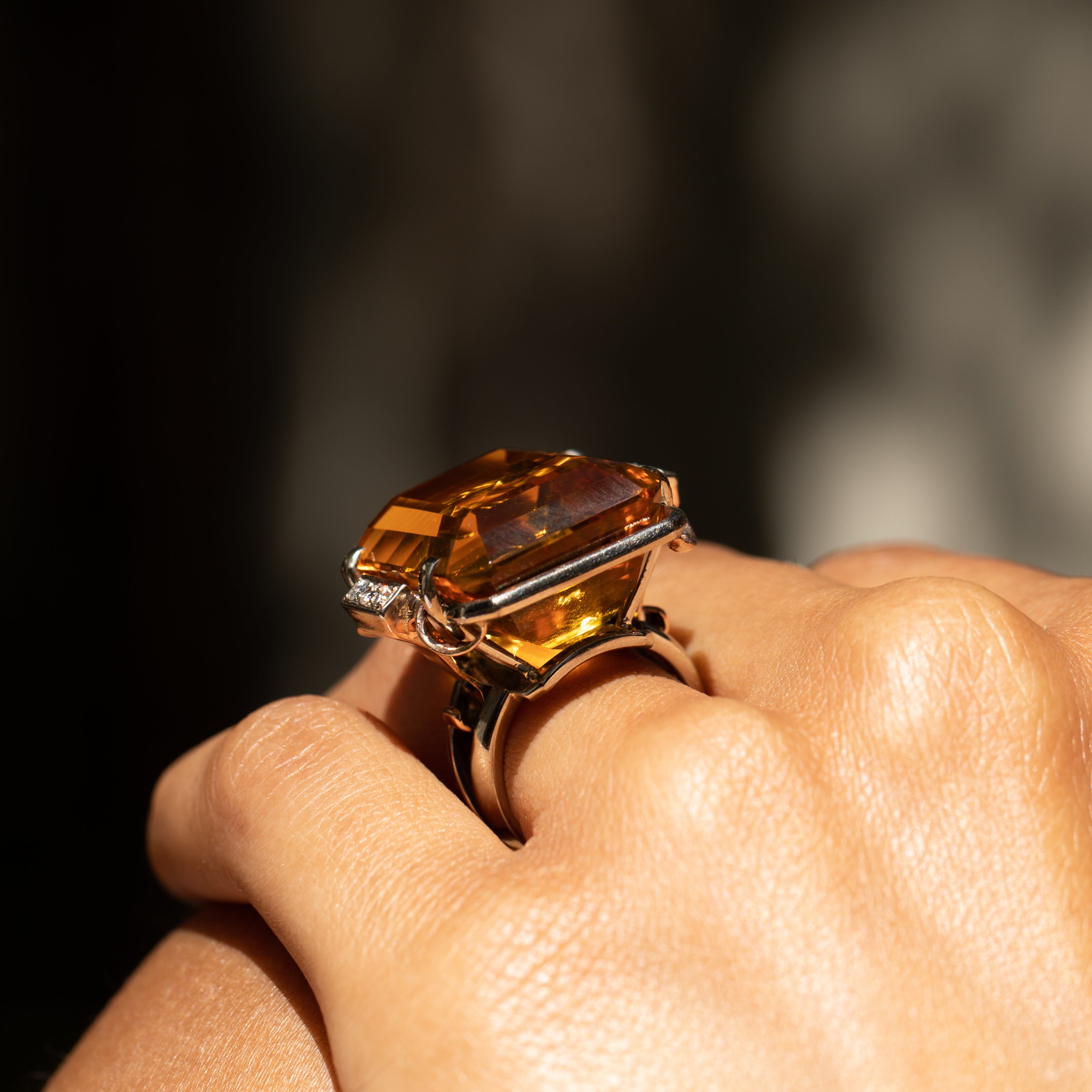 Retro Large Citrine, Diamond, and 14k Gold Cocktail Ring