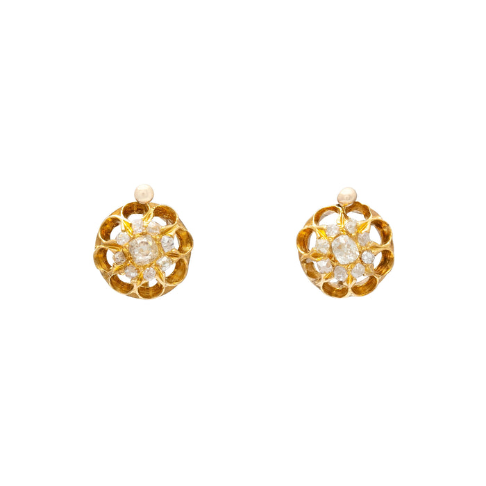 Victorian Old Mine Cut Diamond and 14k Gold Cluster Earrings