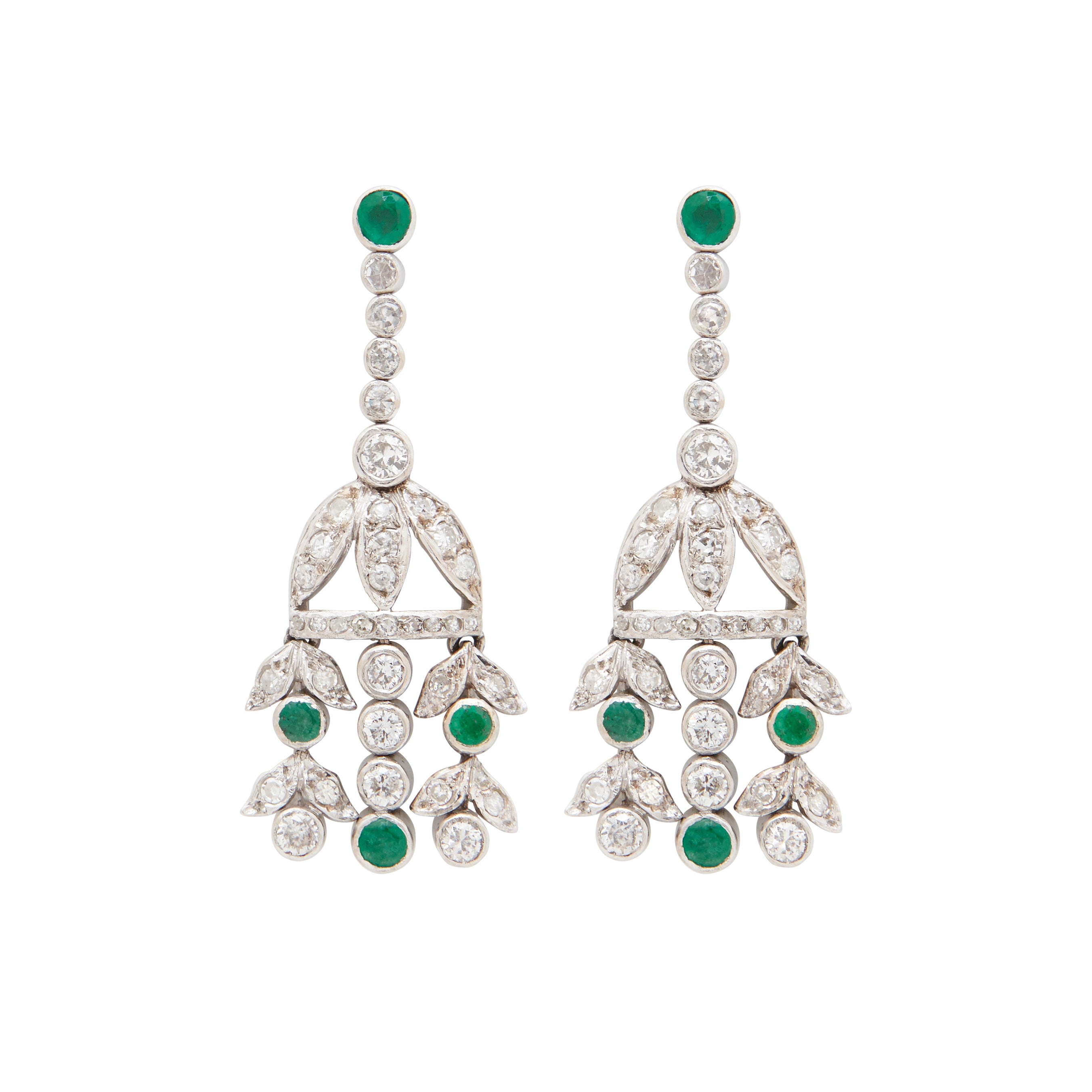 Diamond And Emerald Platinum Chandelier Earrings