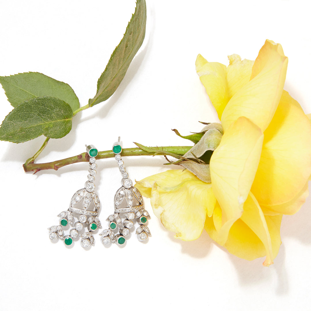 Diamond And Emerald Platinum Chandelier Earrings