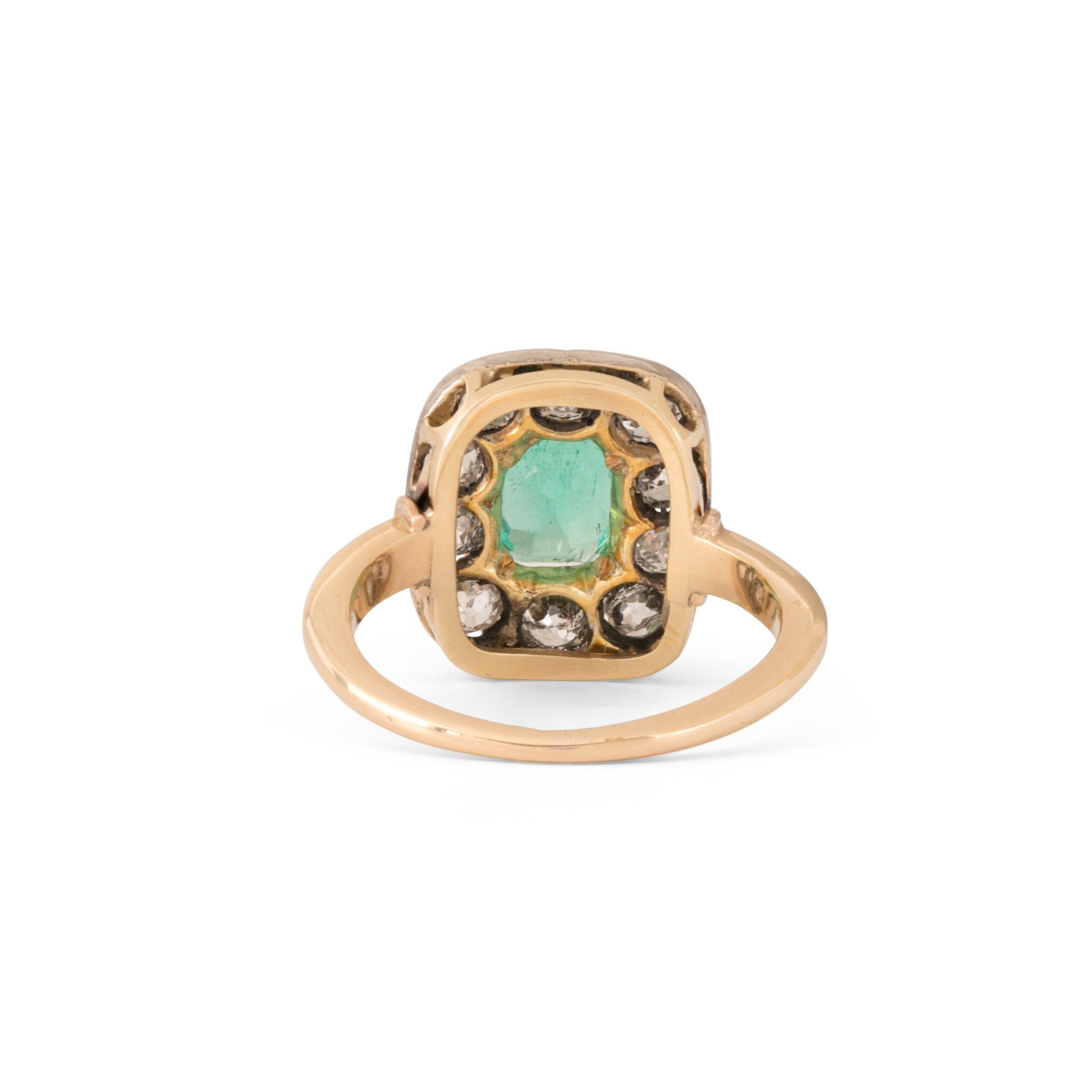Victorian Emerald, Diamond, Silver, and 14k Gold Cluster Ring