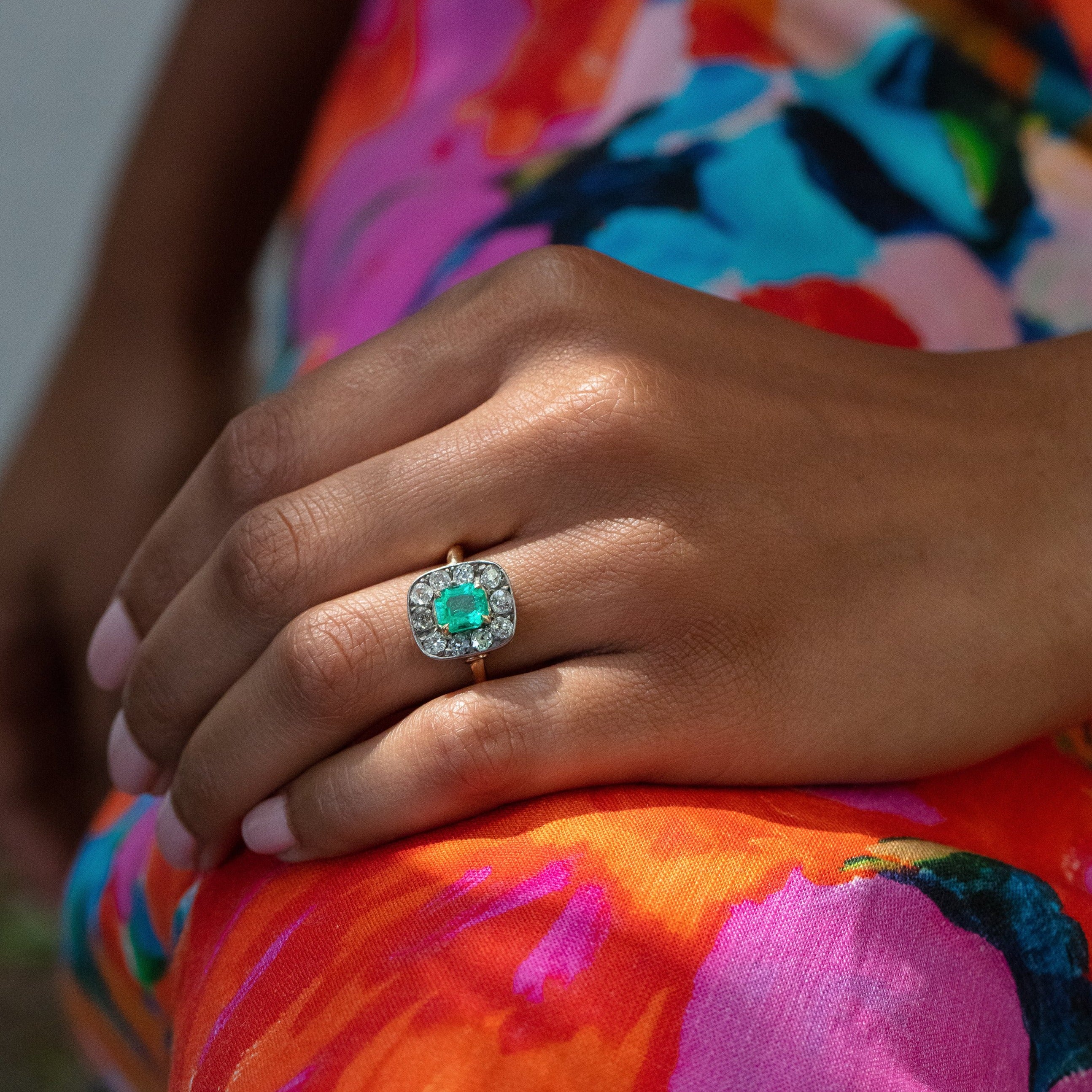 Victorian Emerald, Diamond, Silver, and 14k Gold Cluster Ring