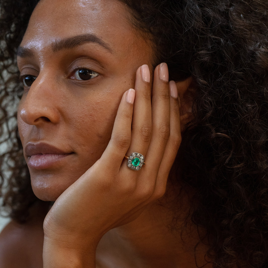 Victorian Emerald, Diamond, Silver, and 14k Gold Cluster Ring