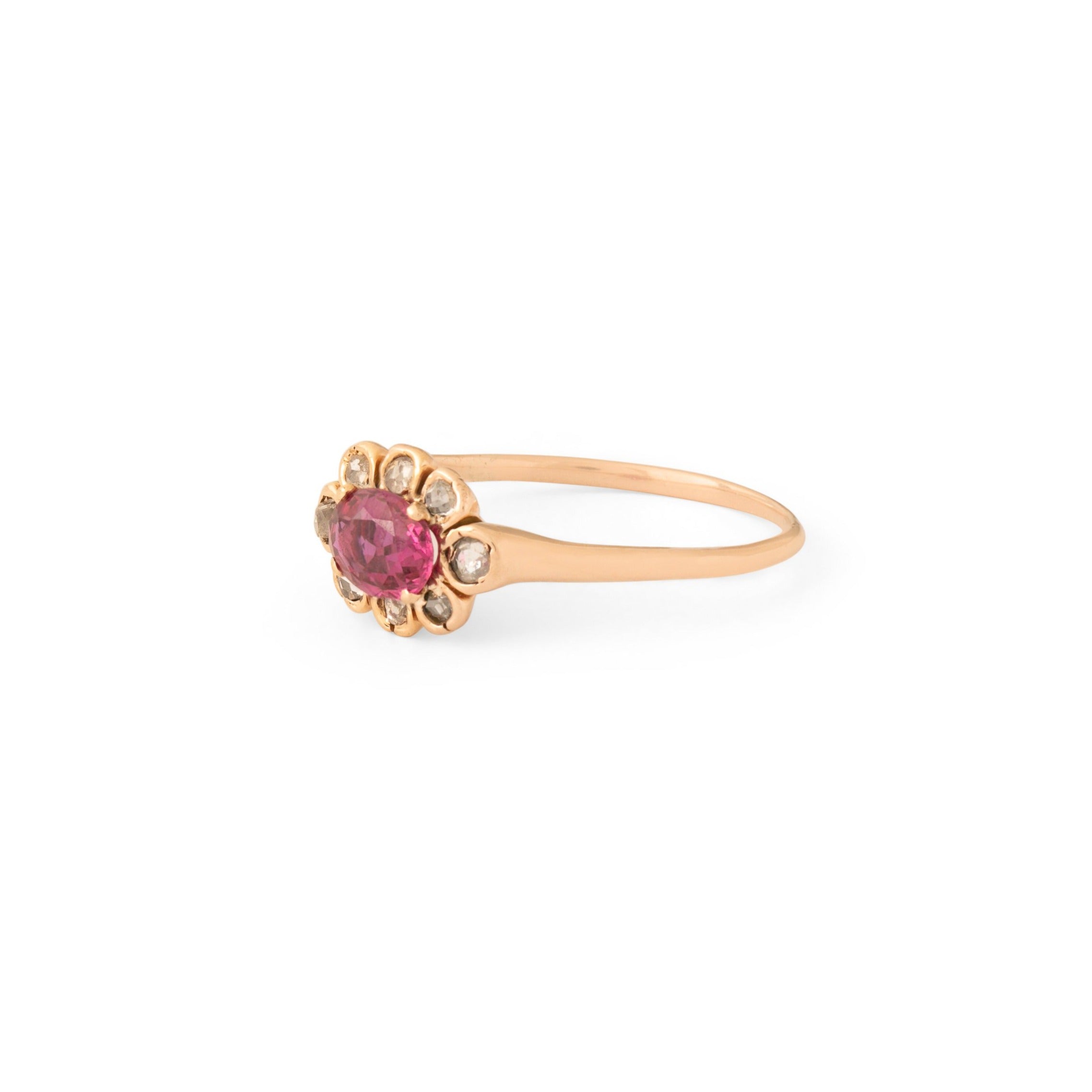 Ruby, Rose Cut Diamond, and 10K Gold Cluster Ring