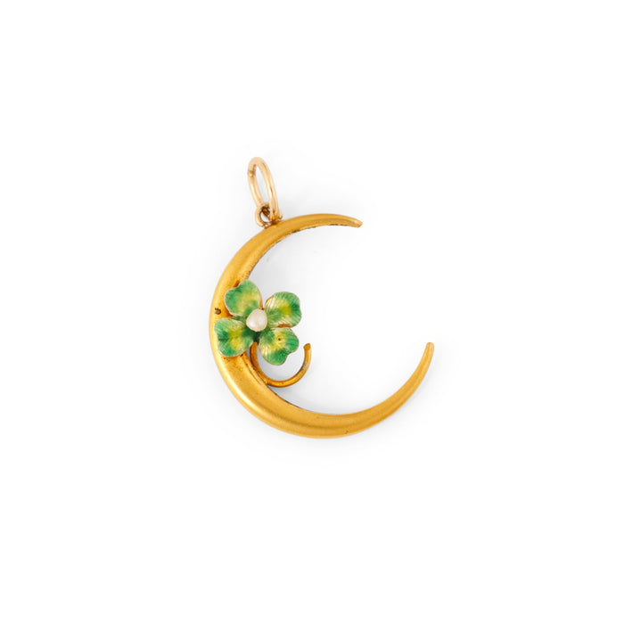 Moon and Clover 14K Gold, Enamel, and Pearl Charm
