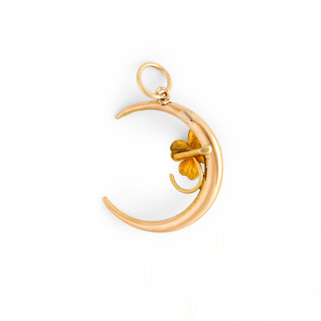 Moon and Clover 14K Gold, Enamel, and Pearl Charm