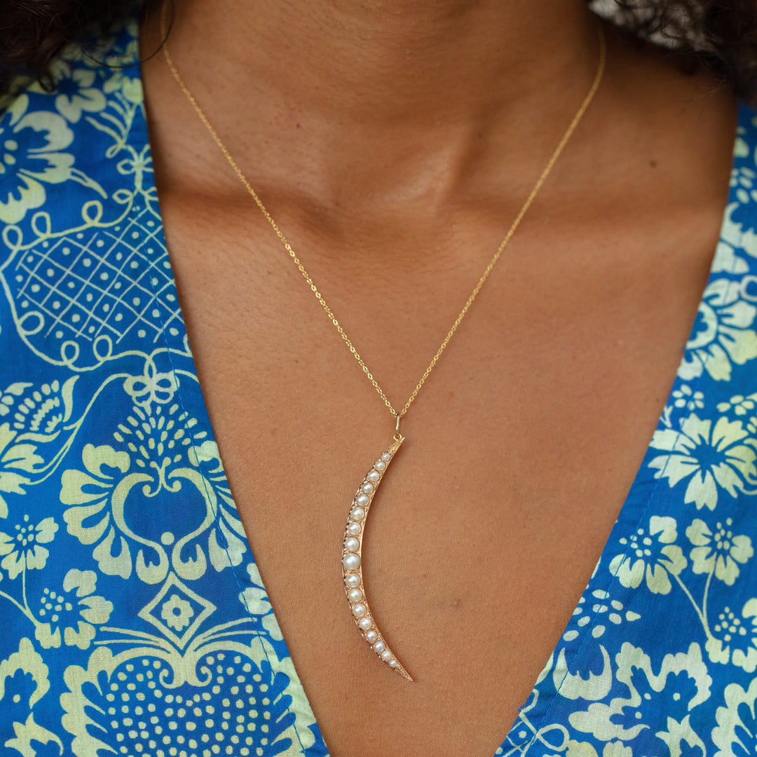 Victorian Large Crescent Moon Pearl and 14k Gold Pendant