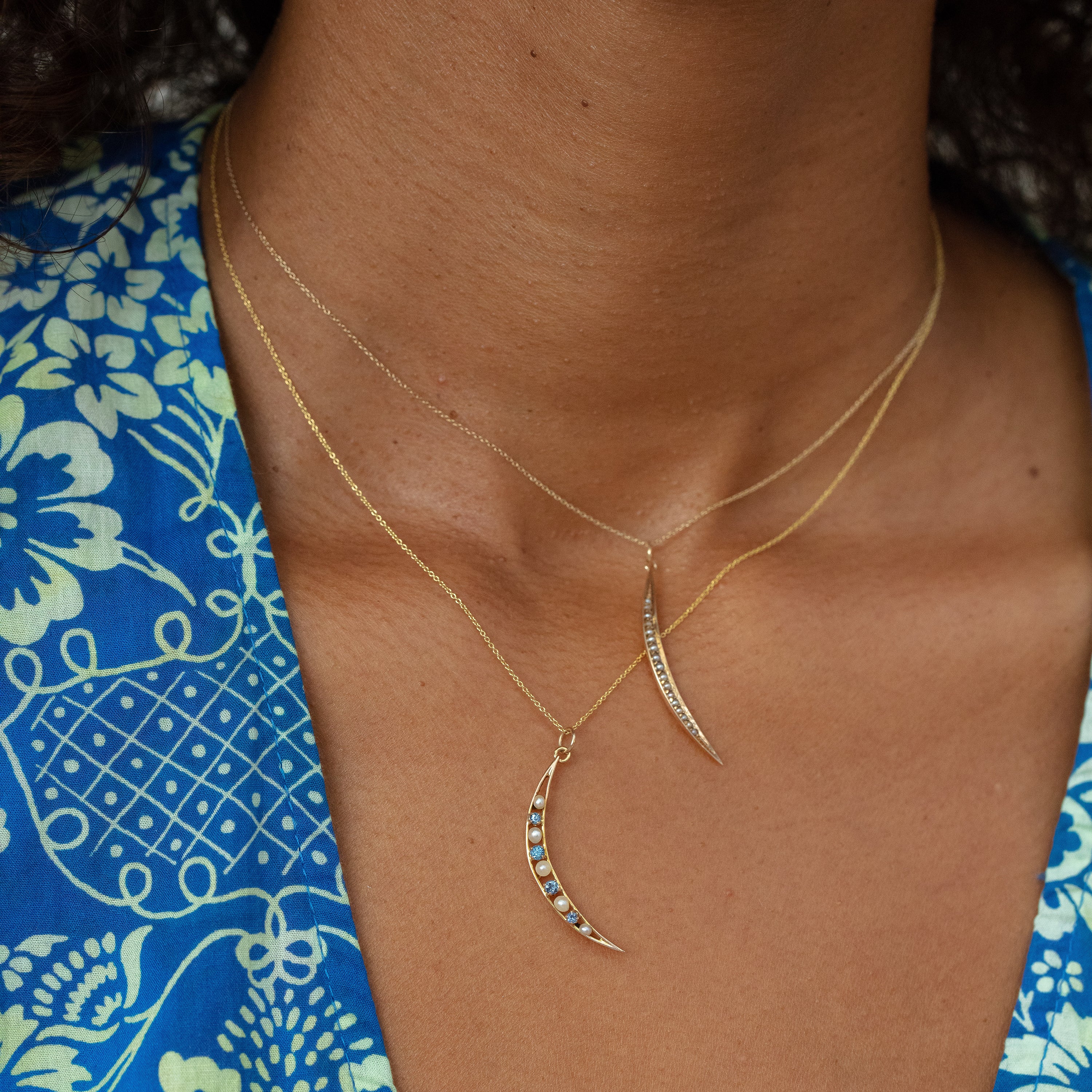 Sapphire, Pearl, and 14K Gold Crescent Moon Charm