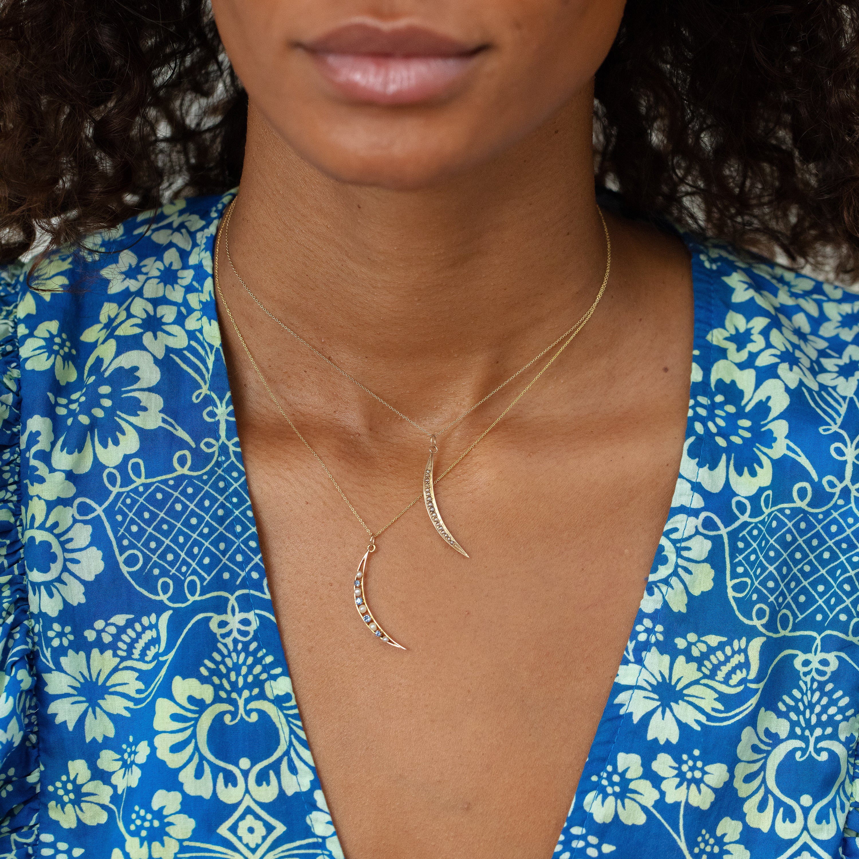 Victorian Seed Pearl and 14K Gold Crescent Moon Charm
