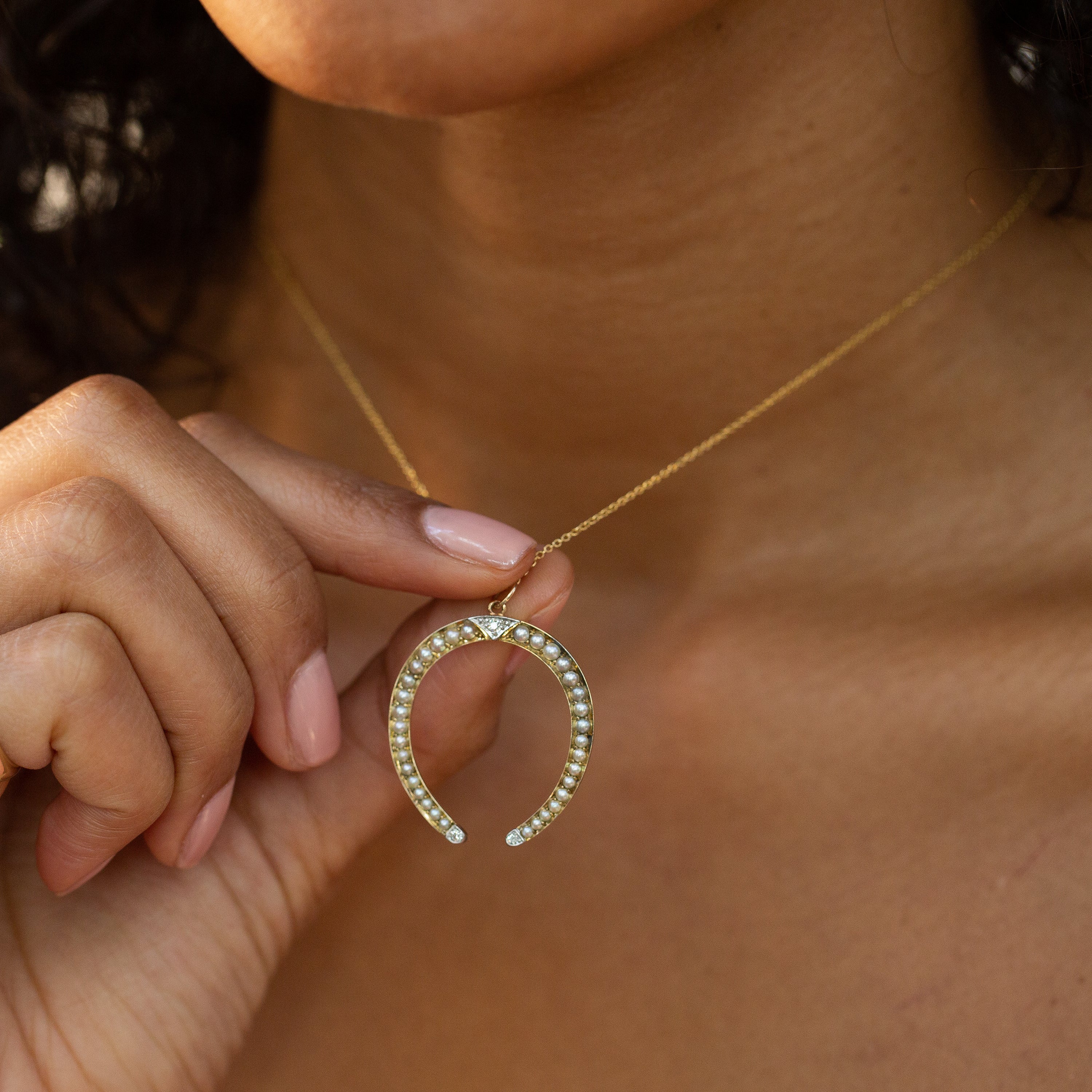 Edwardian Diamond, Pearl, 14K Gold, and Platinum Horseshoe Charm