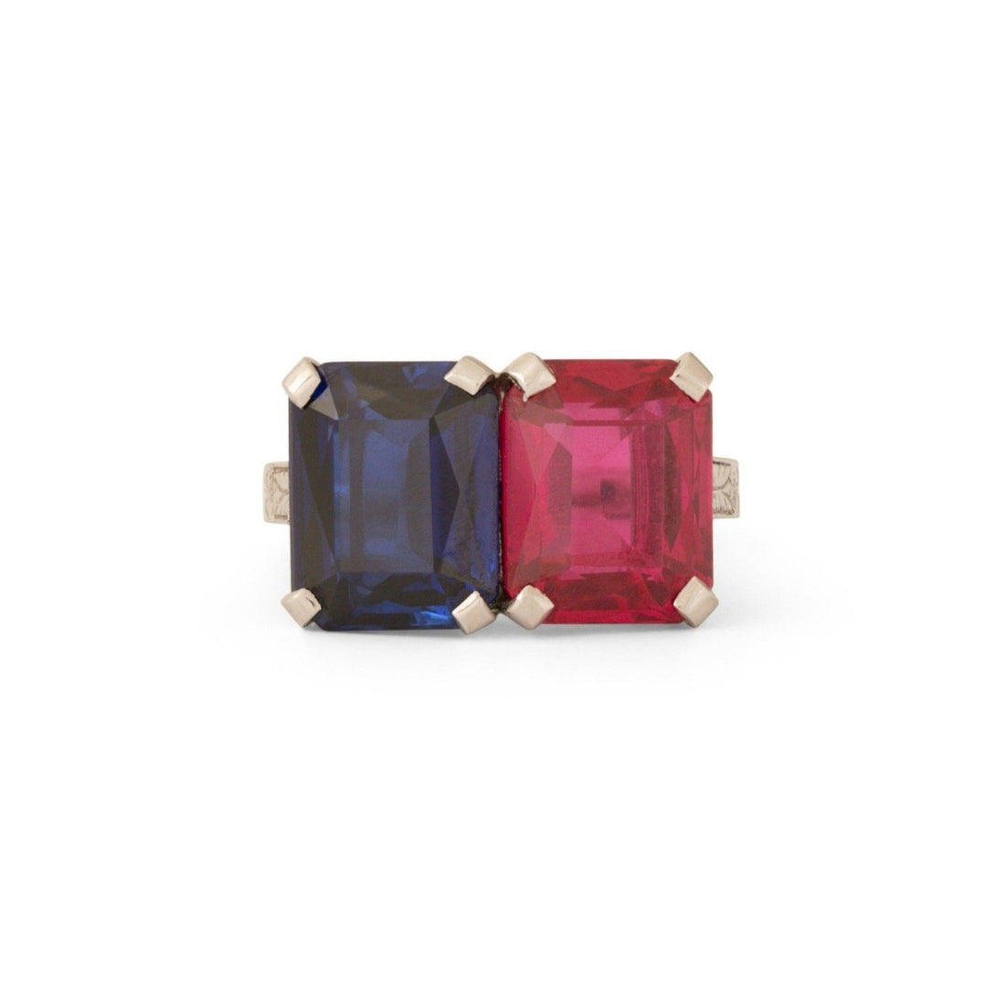 Art Deco Synthetic Sapphire and Ruby Twin Platinum Ring
