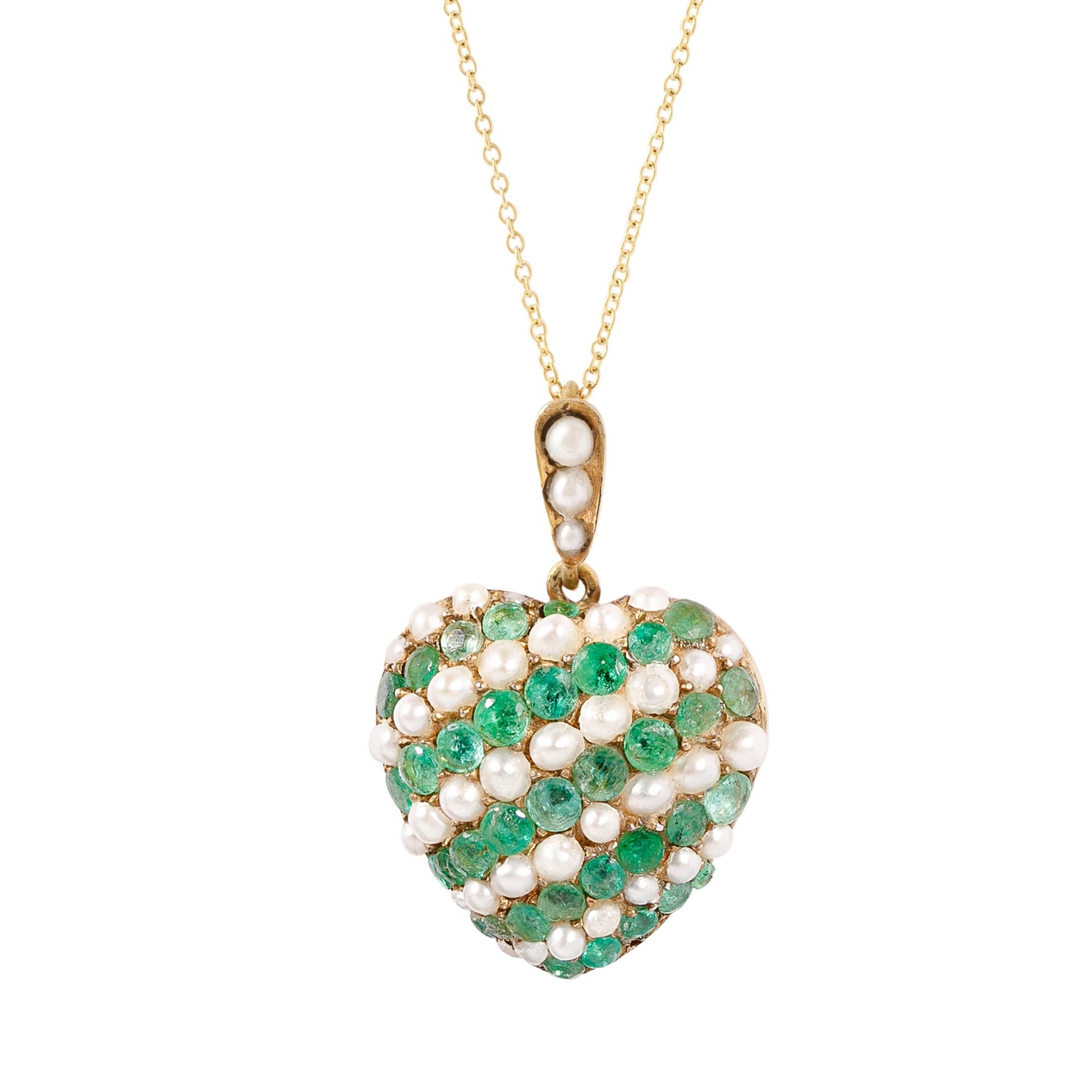 Victorian Pavé Emerald, Pearl, and 15K Gold Heart Pendant