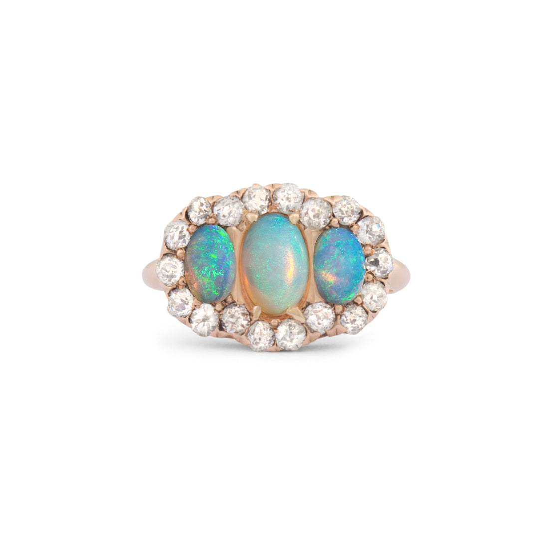 Victorian Opal, Diamond, and 14k Gold Triple Cluster Ring