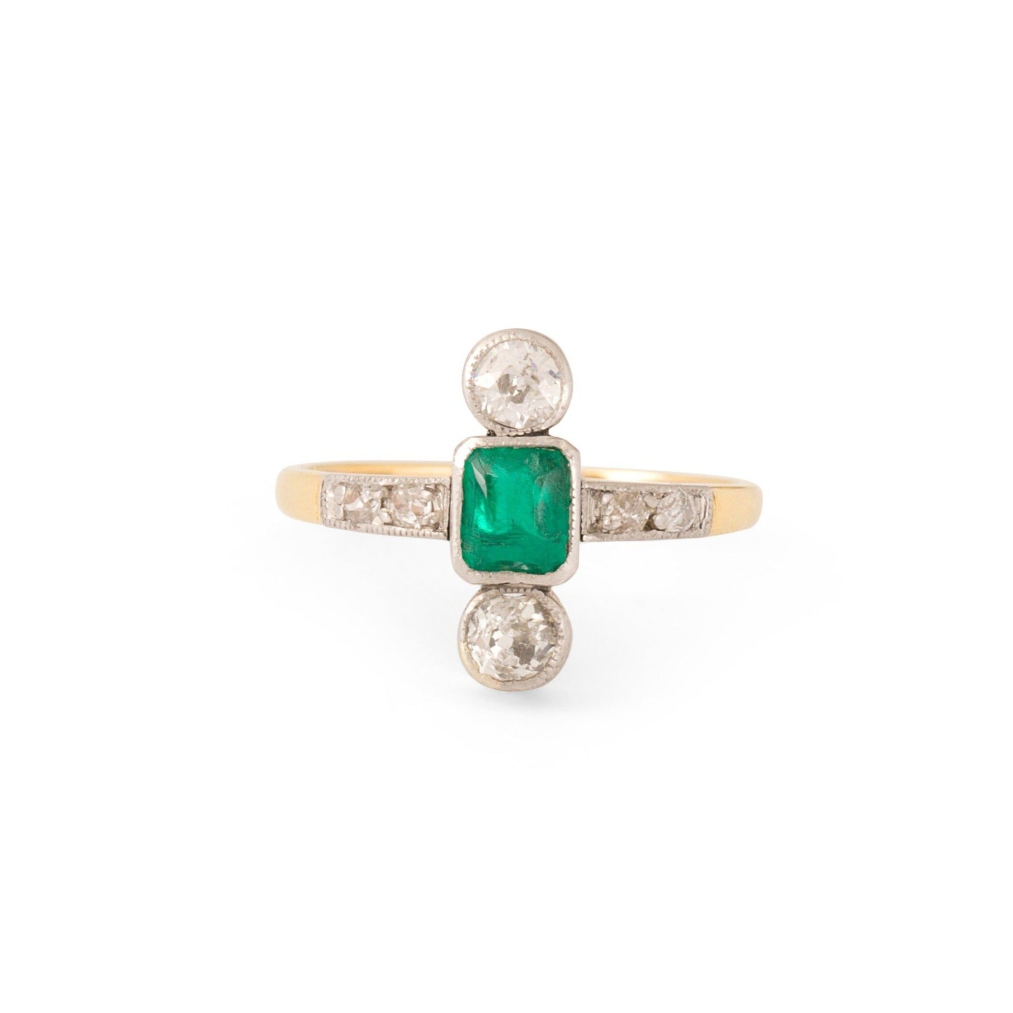 Edwardian Emerald, Diamond, and Platinum Topped 18k Gold Ring