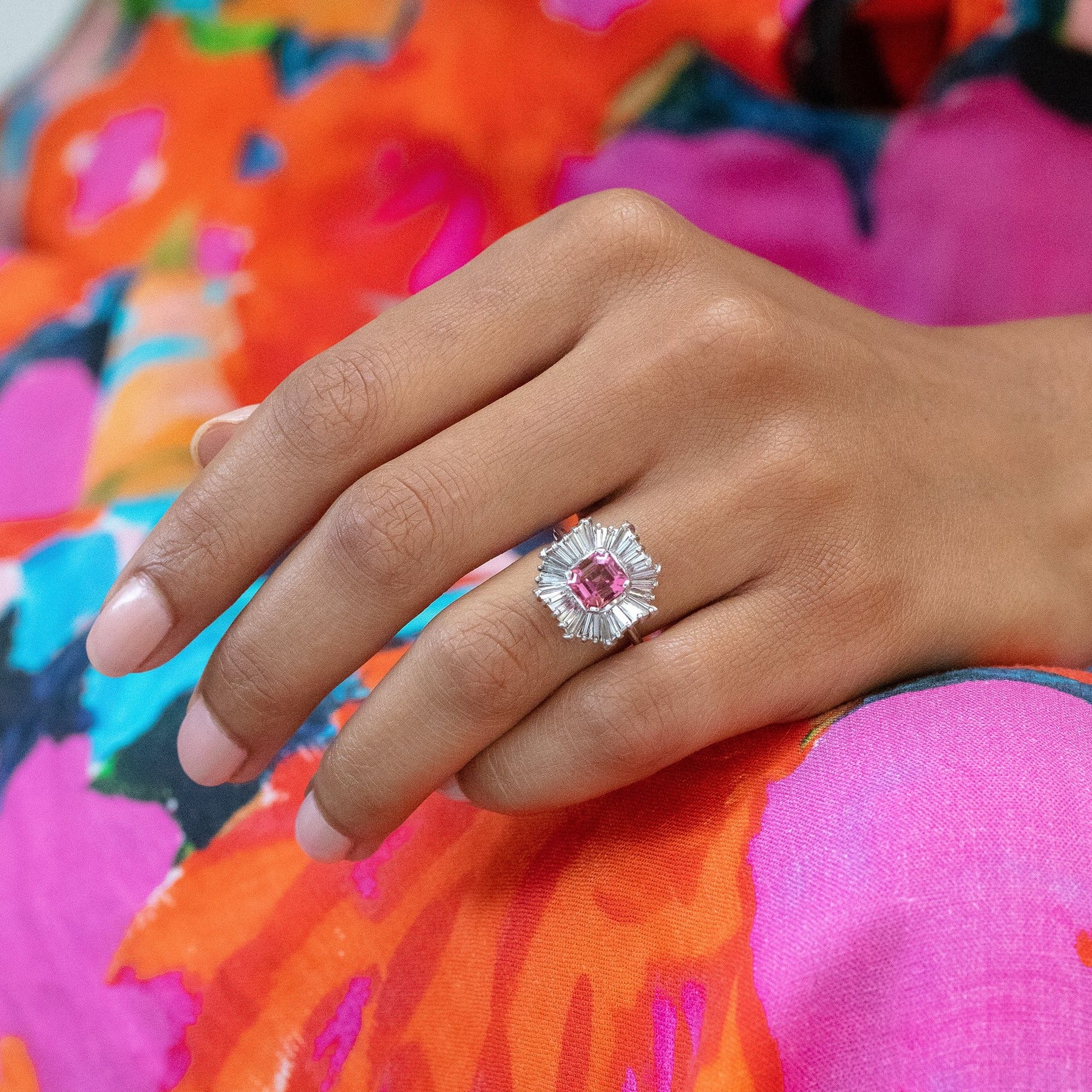 Mid-Century Pink Tourmaline, Diamond, and Platinum Ballerina Ring