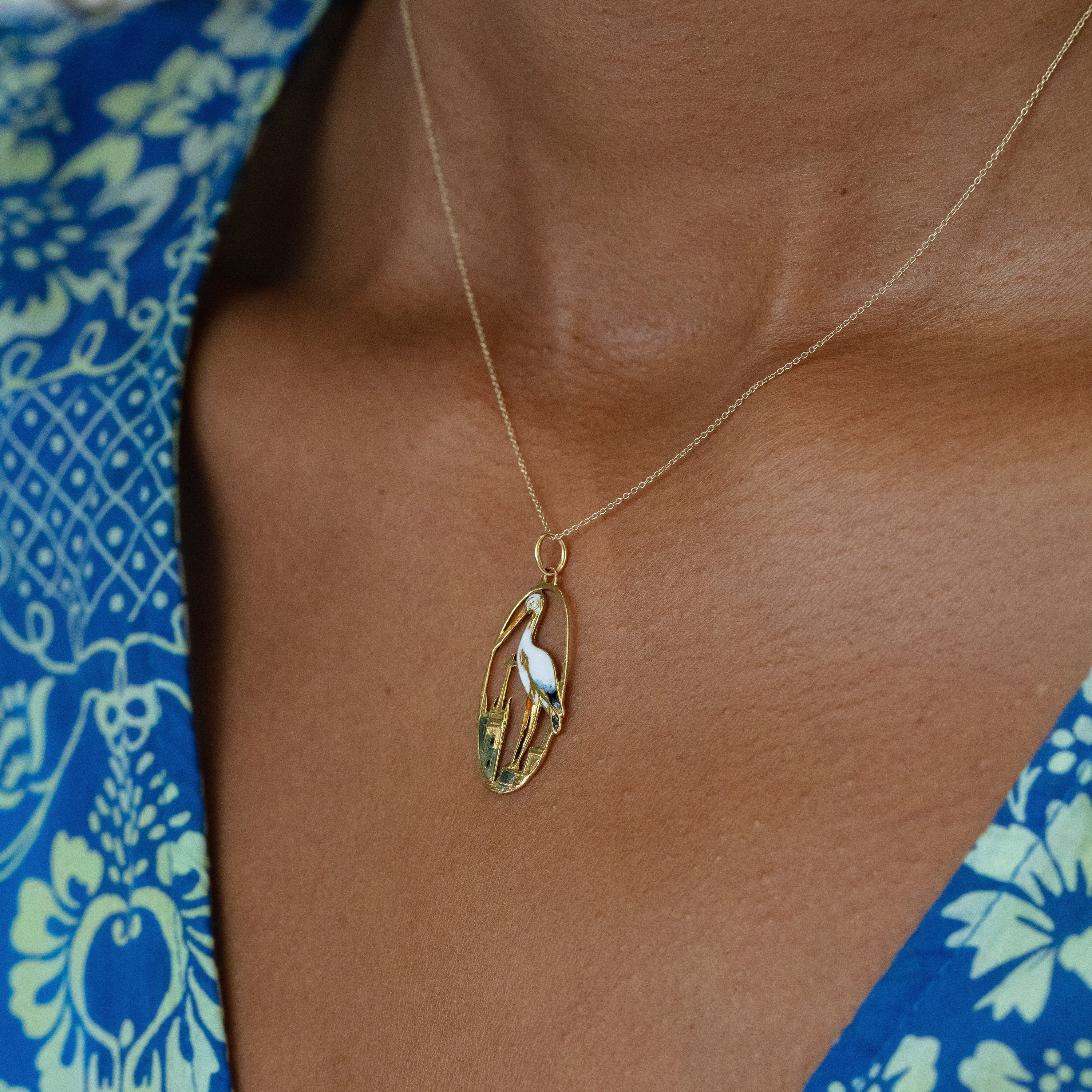 Enamel Stork and 18K Gold Charm