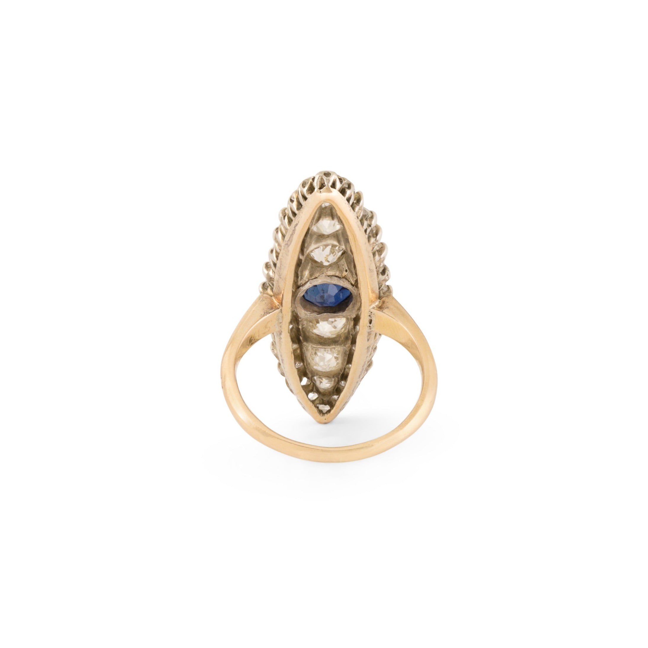 Victorian Old Mine Cut Diamond and Sapphire Large Navette Ring