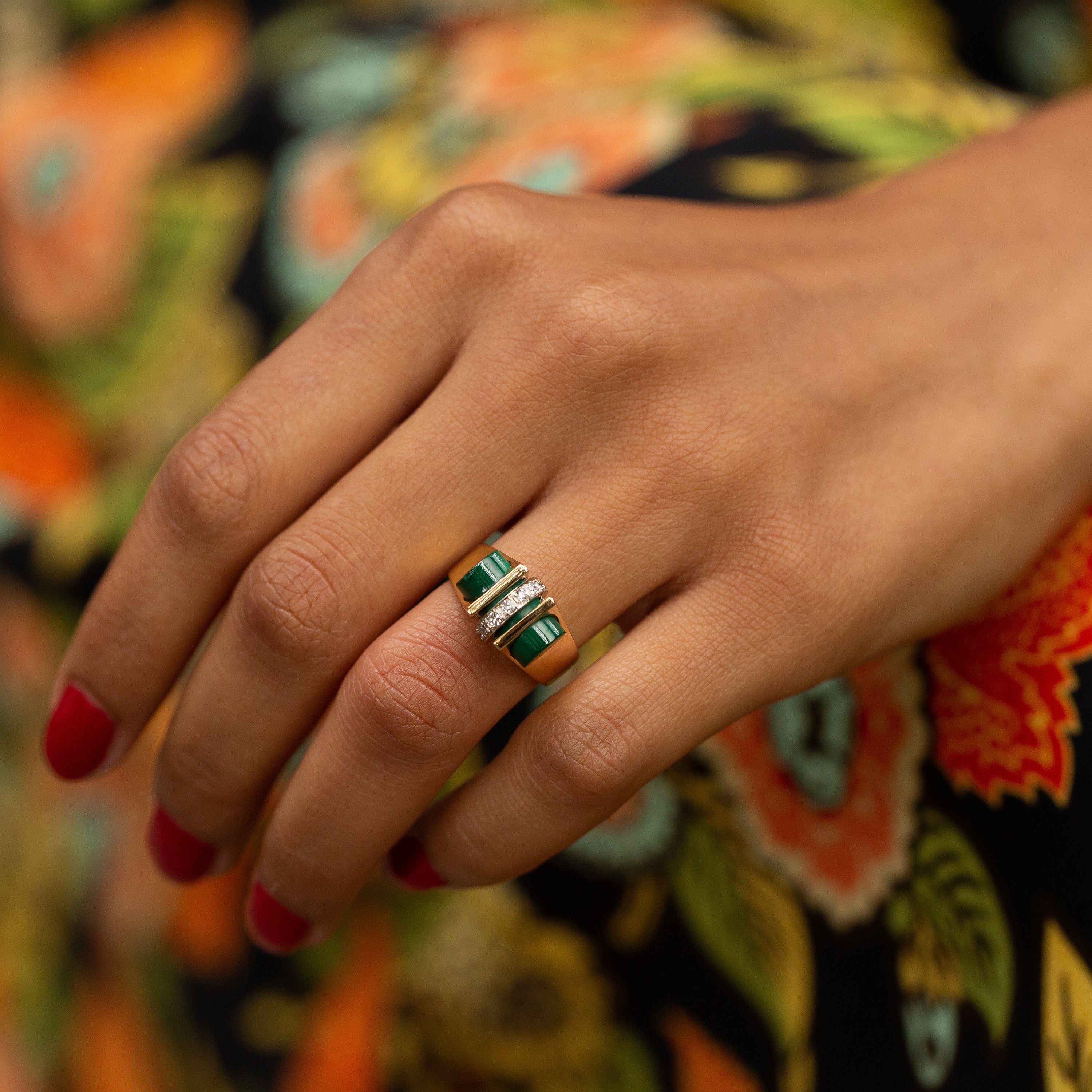 Mid-Century Malachite and Diamond 14k Gold Ring