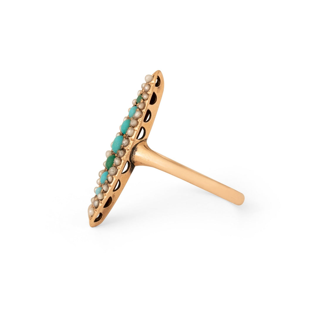 Turquoise and Pearl Navette 10k Gold Ring