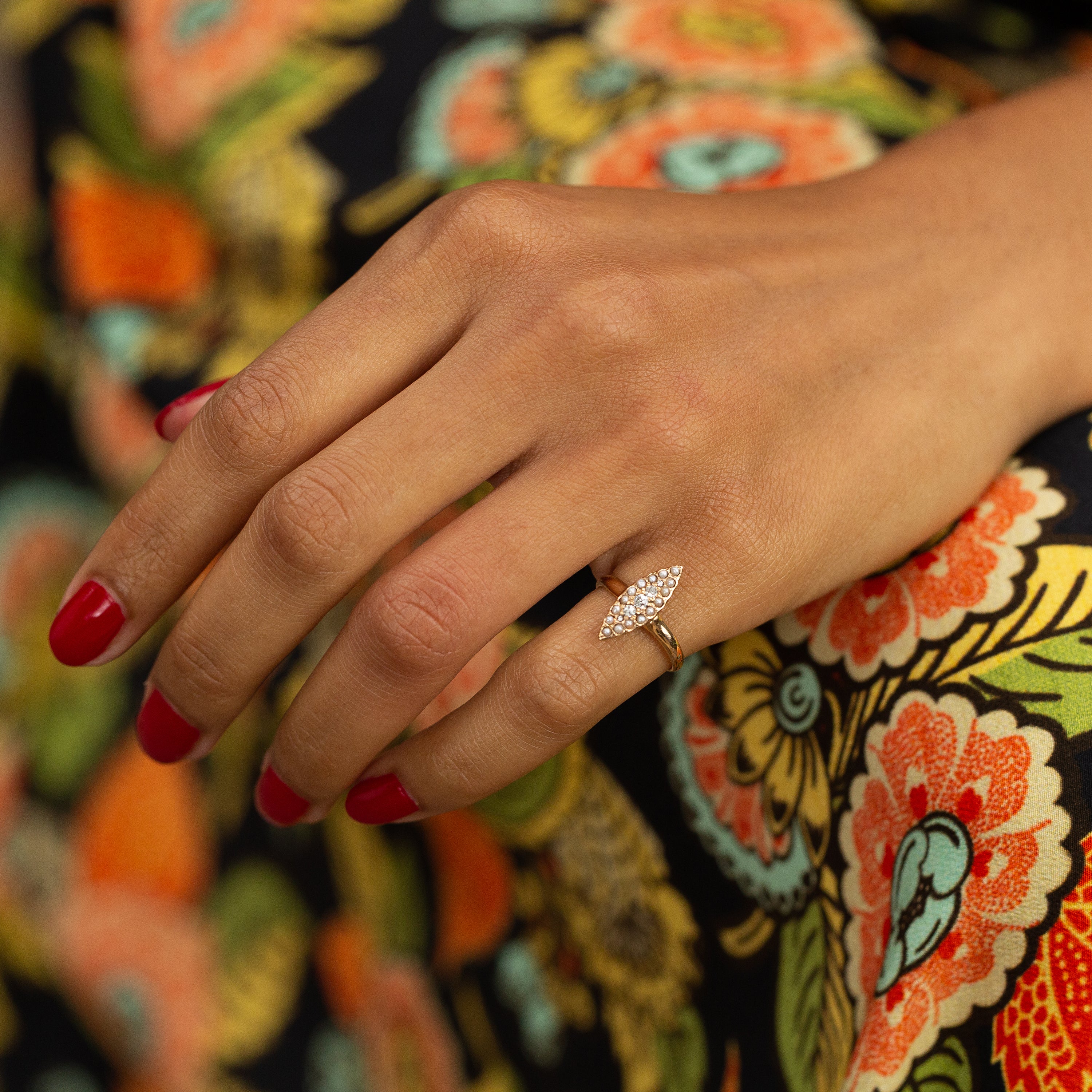 Victorian Pearl, Diamond, and 10k Rose Gold Navette Ring