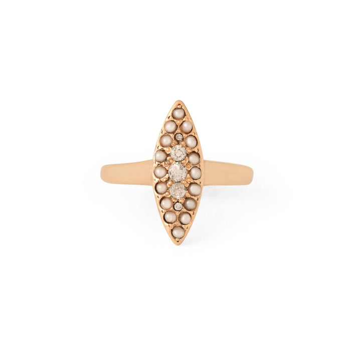 Victorian Pearl, Diamond, and 10k Rose Gold Navette Ring