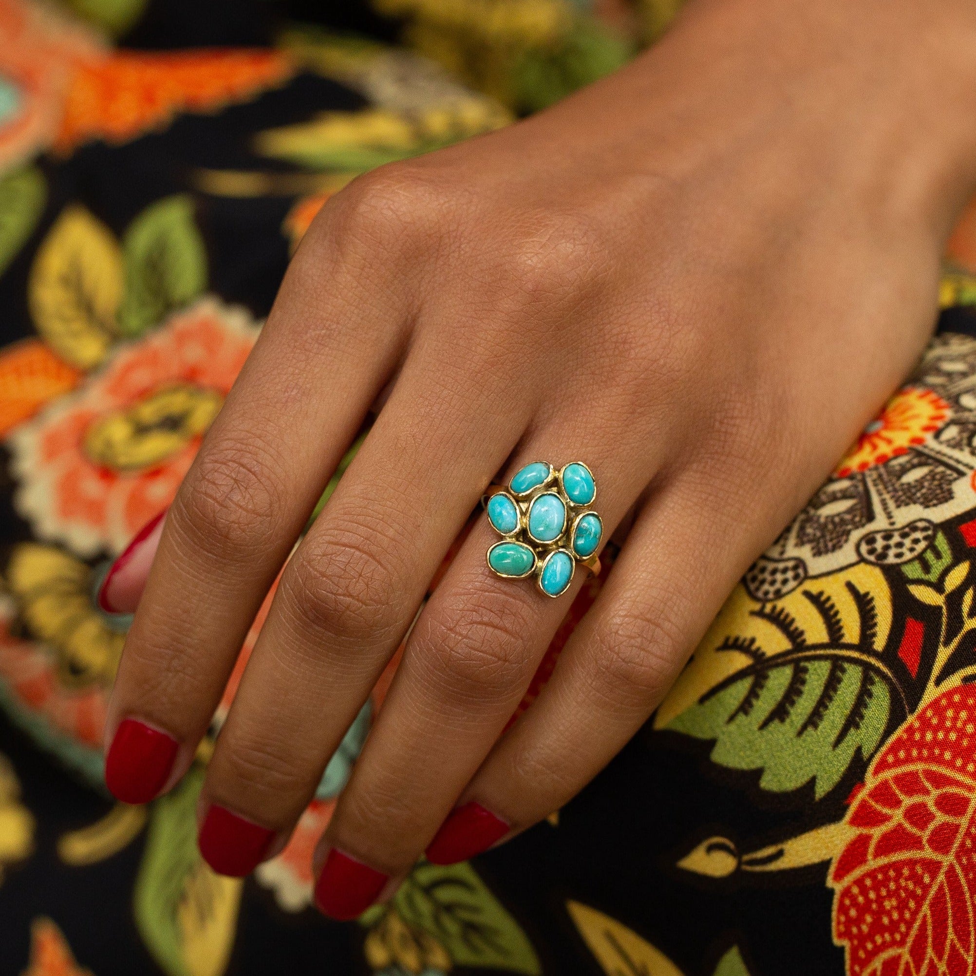 English Turquoise Cluster and 9k Gold Ring