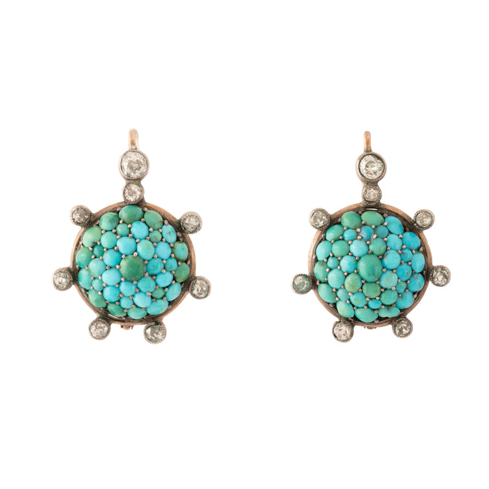 Victorian Turquoise Pavé and Old Mine Cut Diamond Drop Earrings