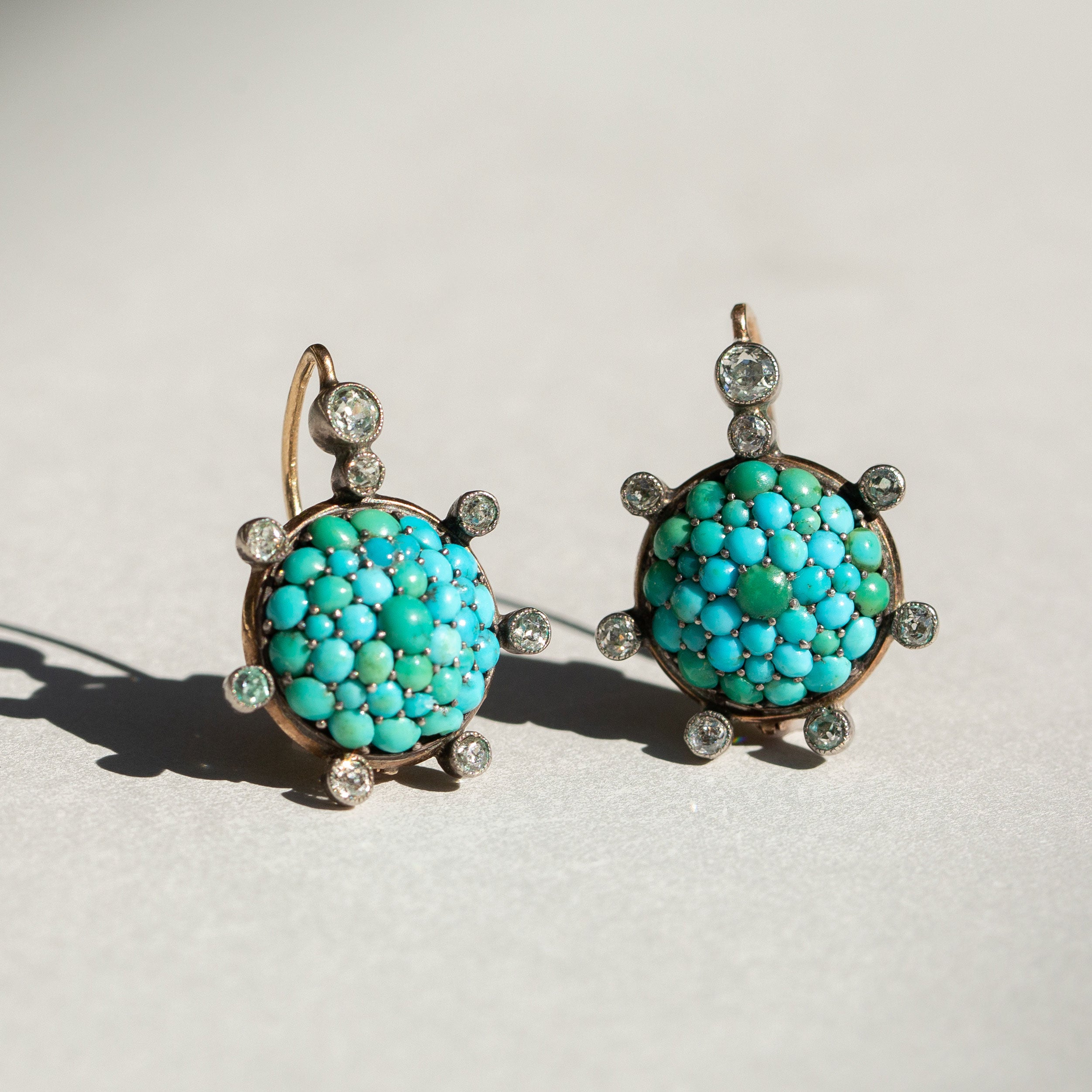Victorian Turquoise Pavé and Old Mine Cut Diamond Drop Earrings