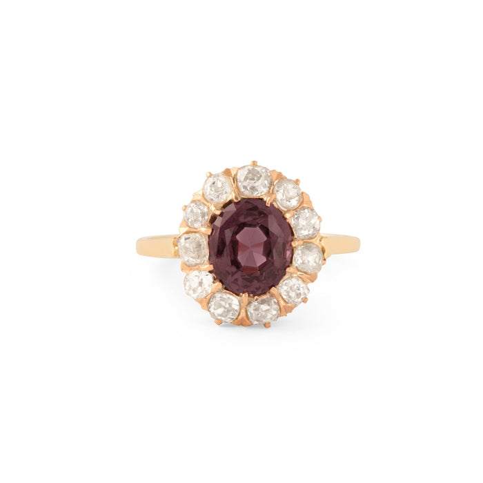 Victorian Spinel and Old Mine Cut Diamond Cluster 14k Gold Ring