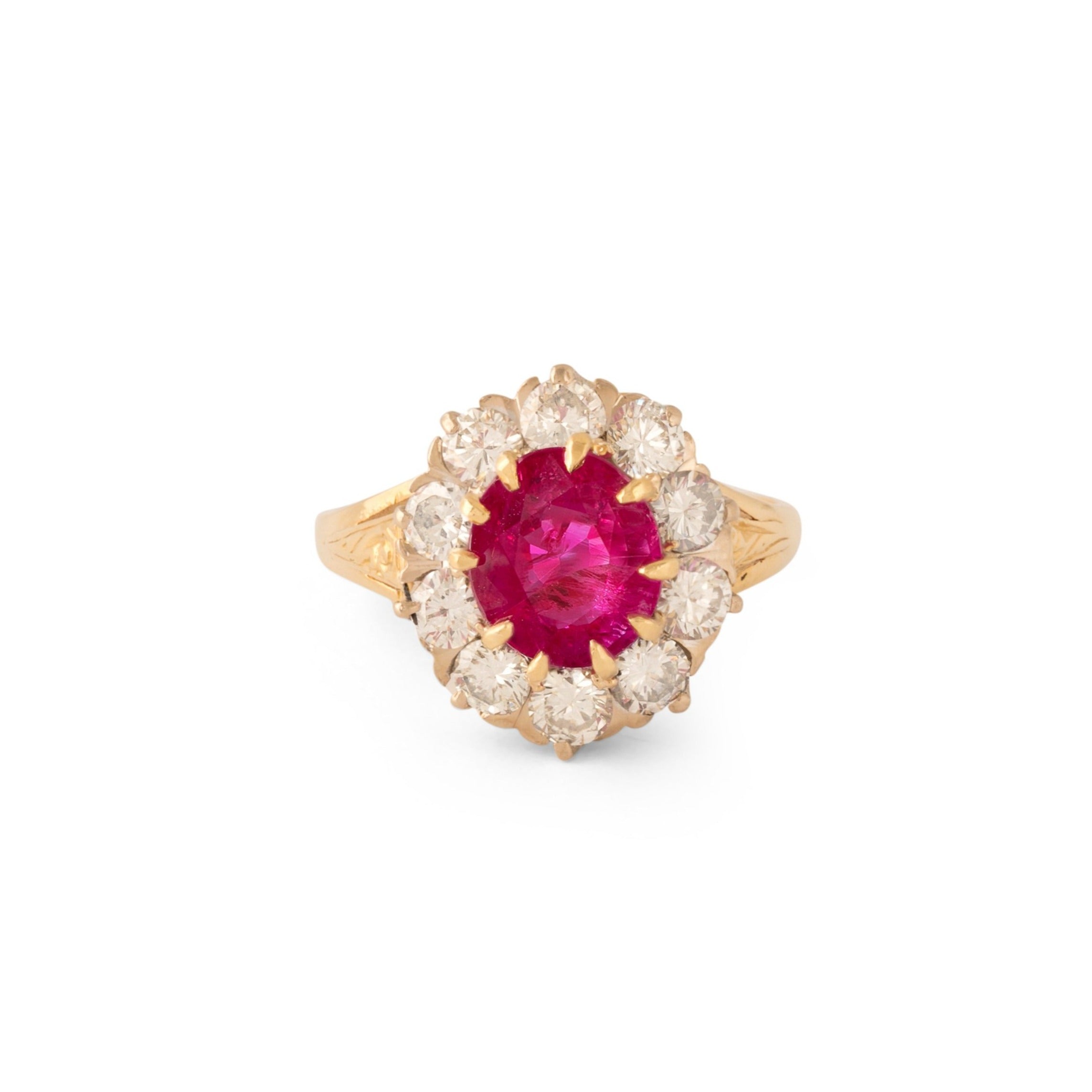 Burma Ruby and Diamond Cluster 18k Gold Ring