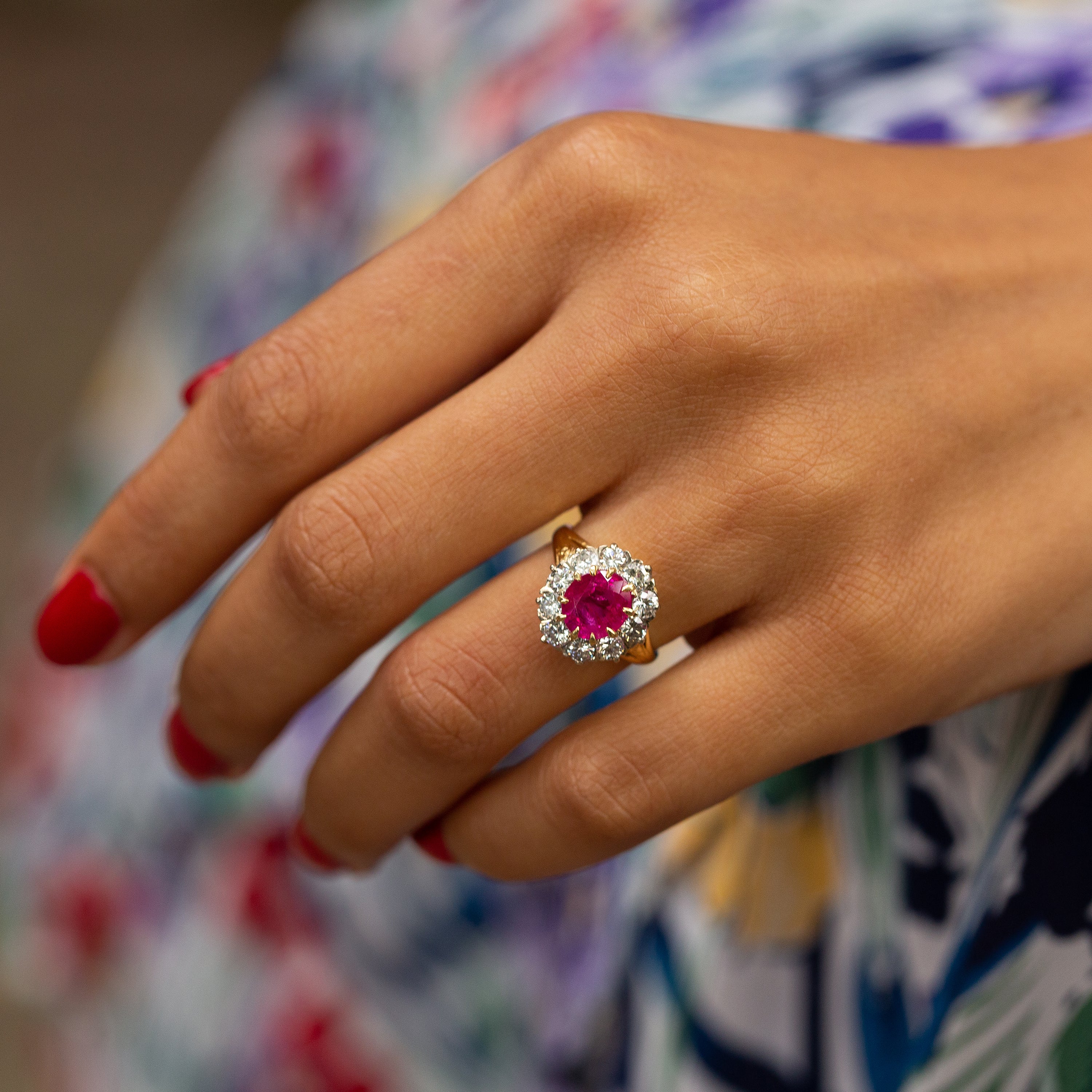 Burma Ruby and Diamond Cluster 18k Gold Ring
