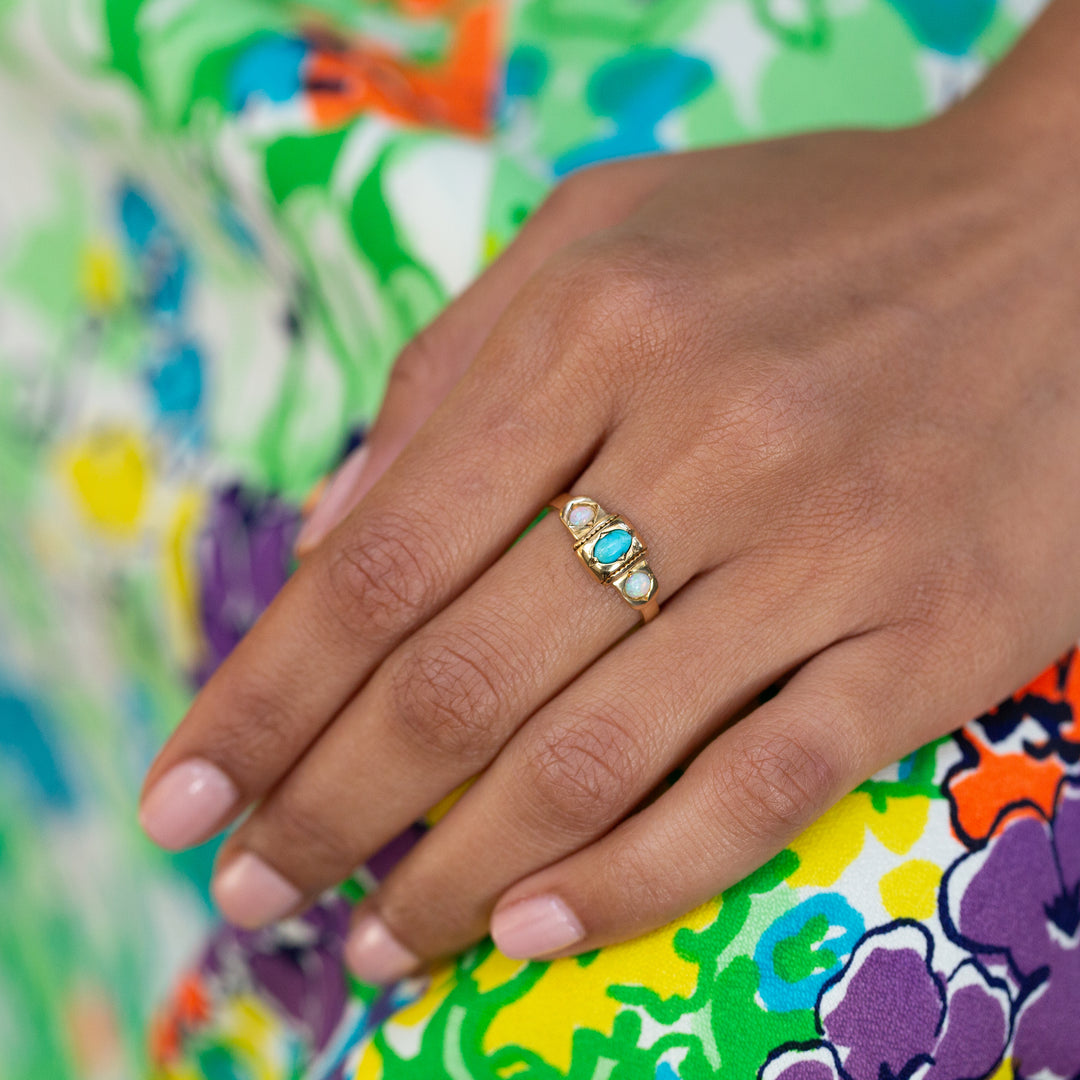 English Turquoise, Opal, and 18k Gold Gypsy Ring